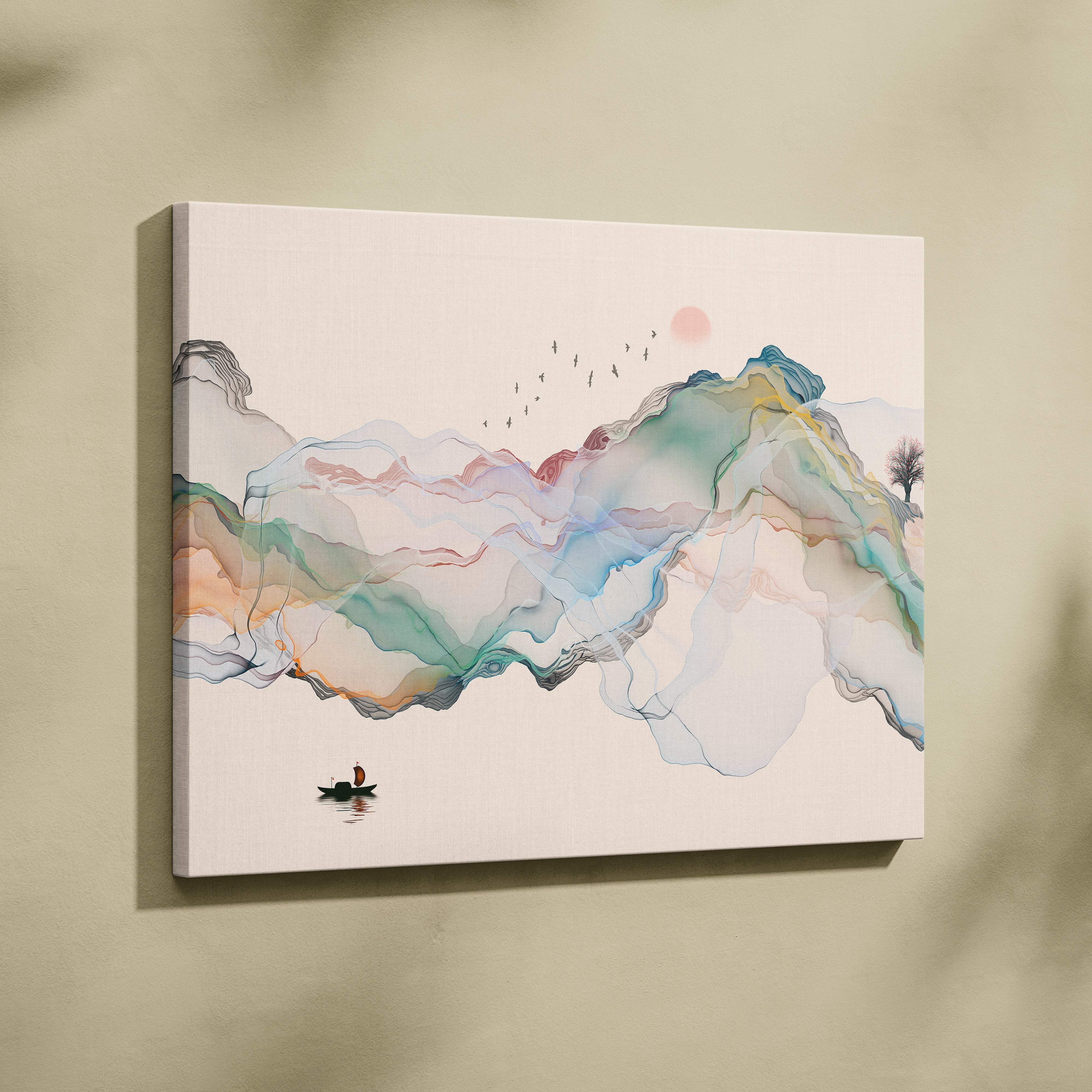 Minimalist abstract mountain canvas wall art print with soft teal peach watercolor landscape for calm japandi rooms