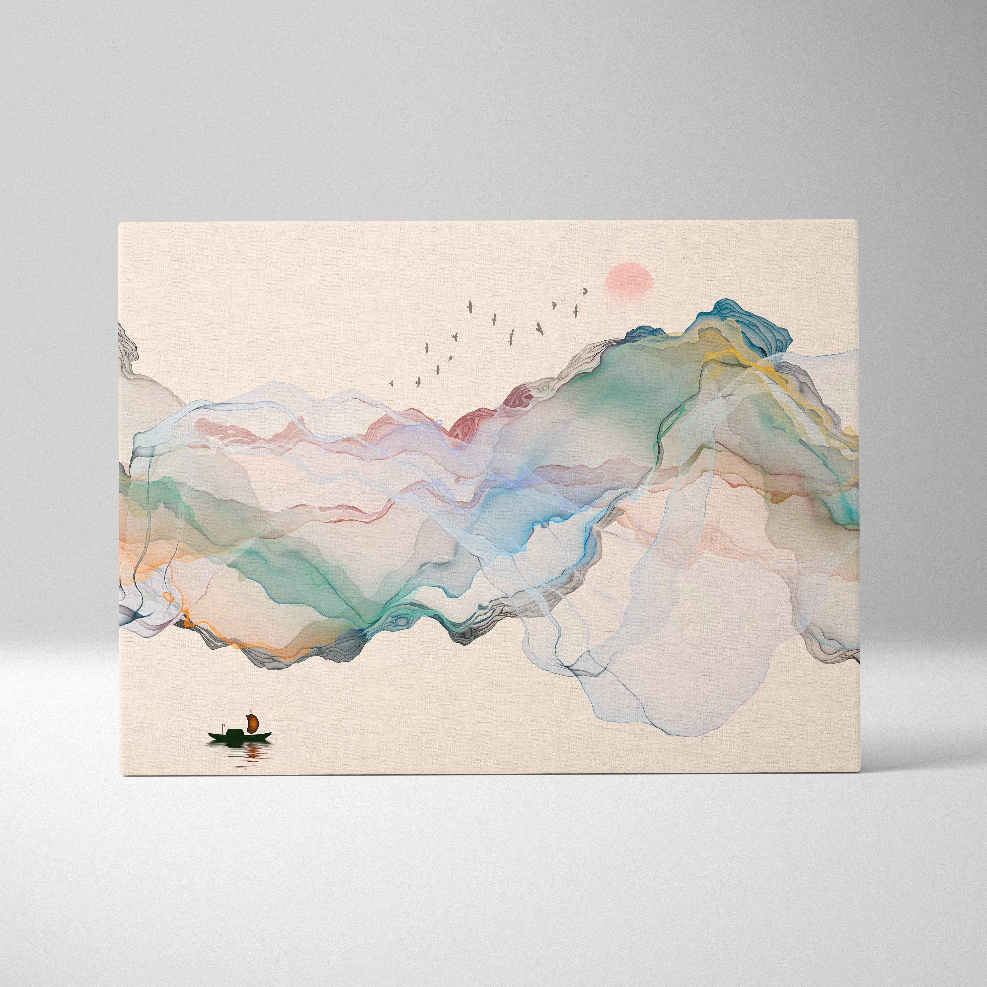 Minimalist abstract mountain canvas print with soft teal and peach watercolor mountains and small boat for zen decor