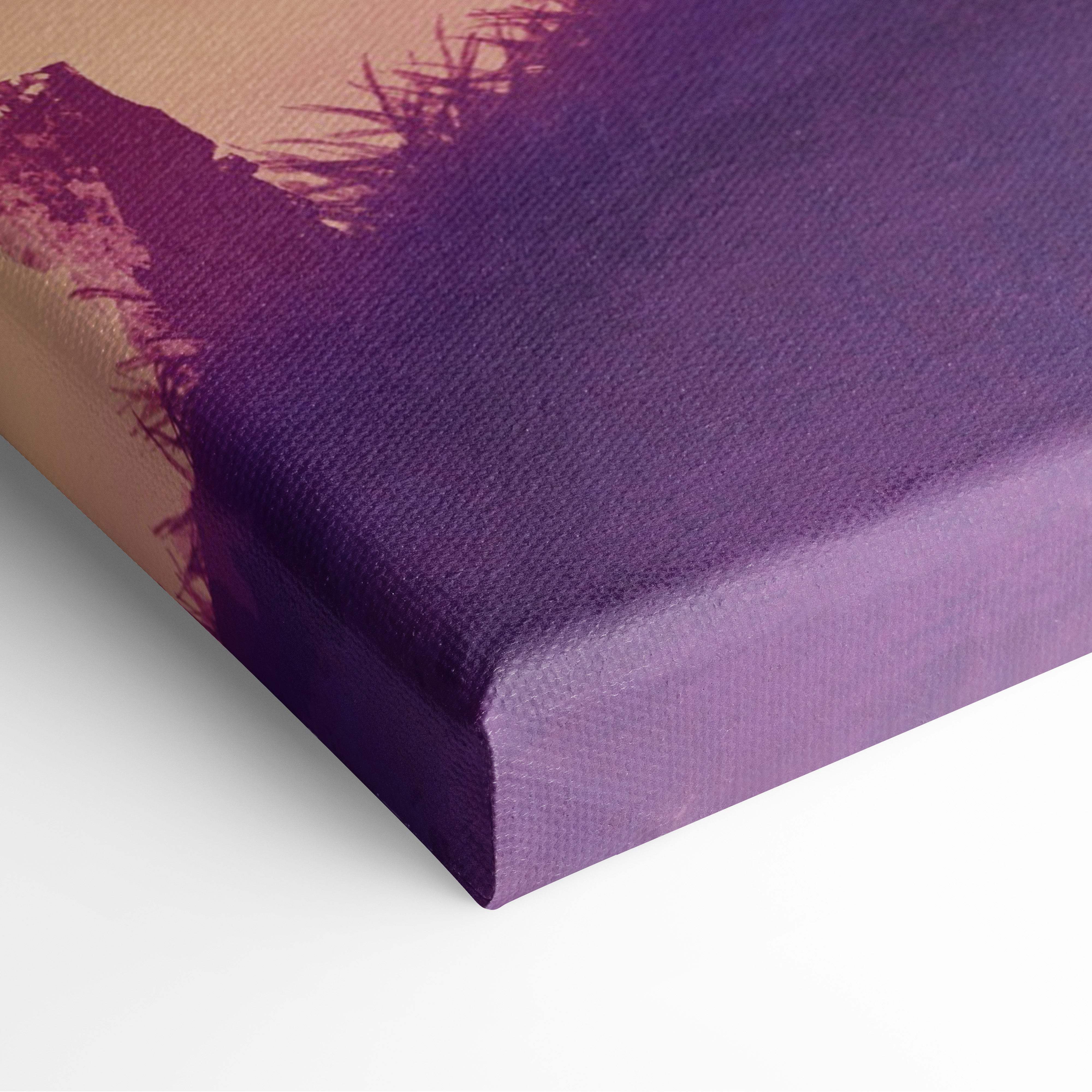 Purple gradient canvas wall art print with textured fabric and bold violet to beige brushstroke for romantic bedroom decor