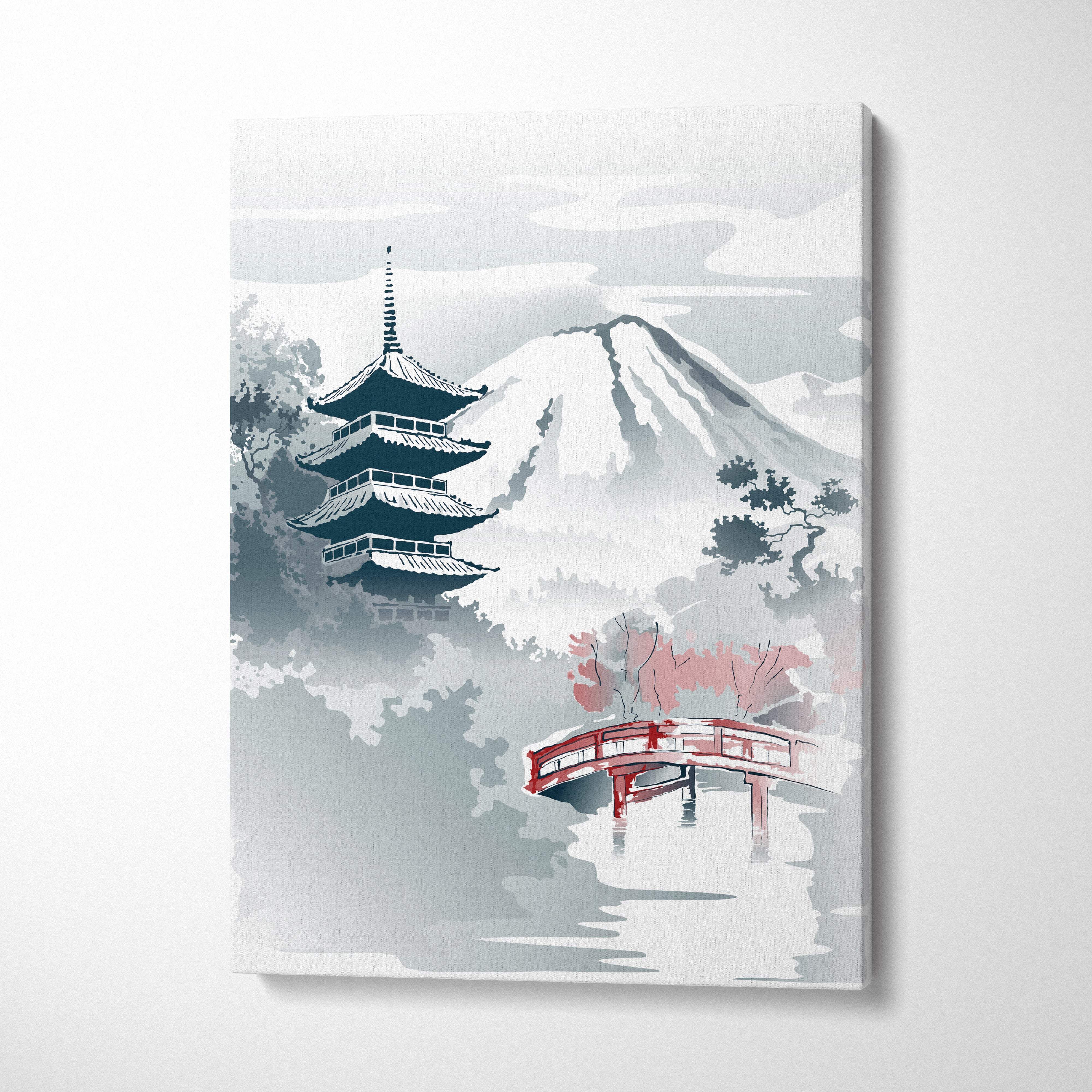Mount fuji pagoda canvas wall art with gray red japanese ink style featuring pagoda snow mountain and zen bridge design