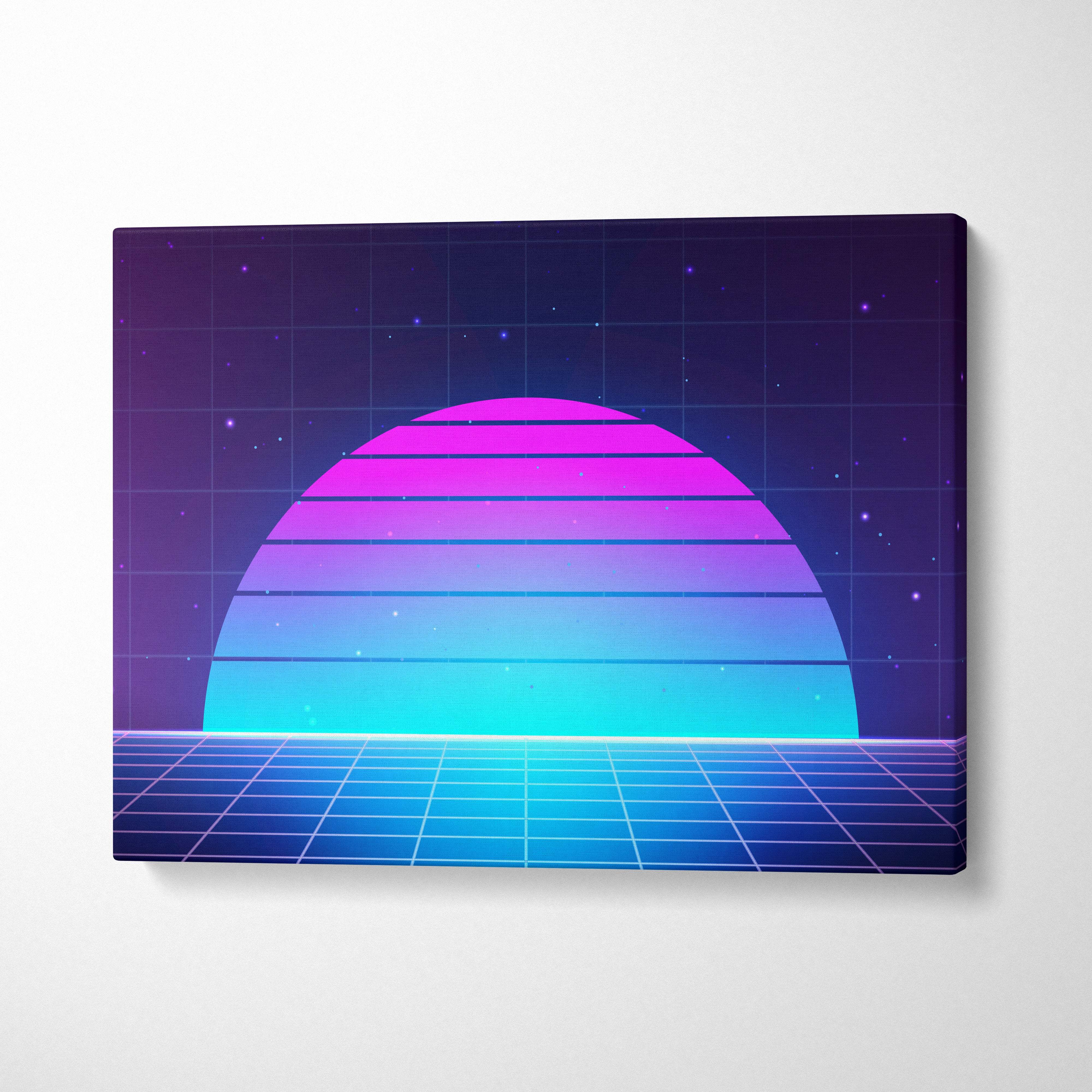 Vaporwave neon grid sunset canvas art print with vibrant pink purple teal gradient stripes and retrowave cosmic backdrop