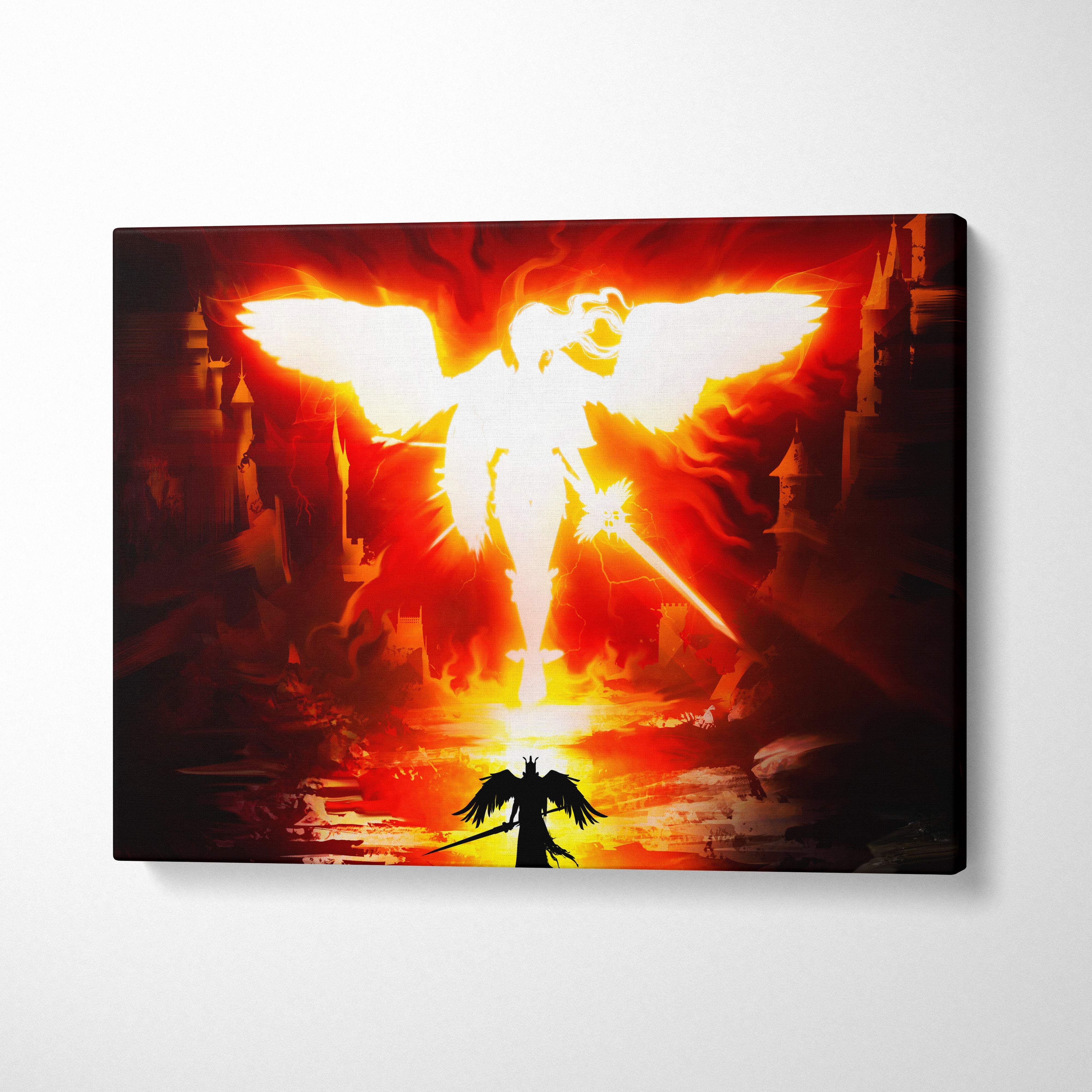 Radiant angel ascension canvas wall art features a fiery glowing angel with outstretched wings against a burning inferno sky