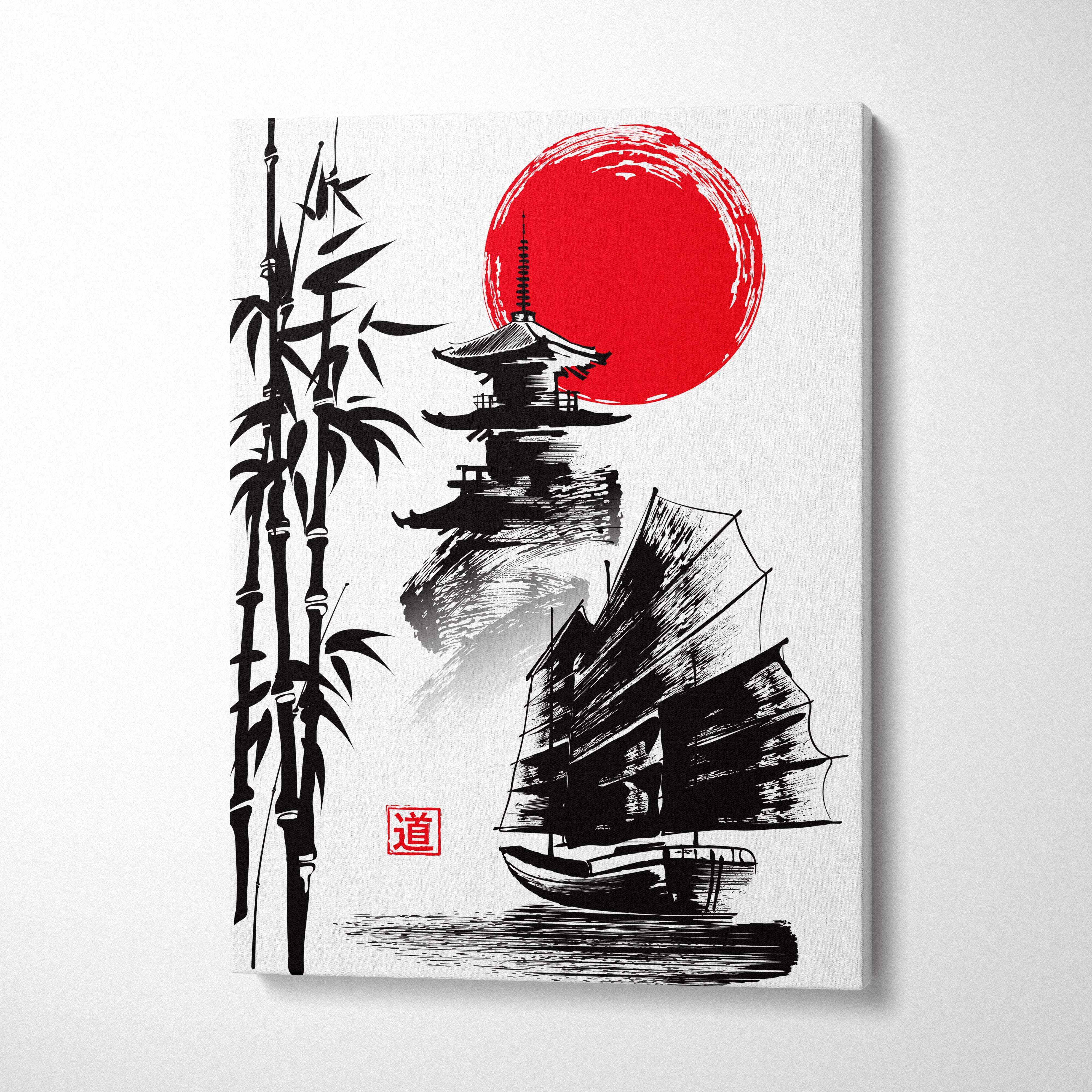 Black ink brushstroke japanese pagoda bamboo and red sun on white canvas minimalist zen wall art for living room or bedroom