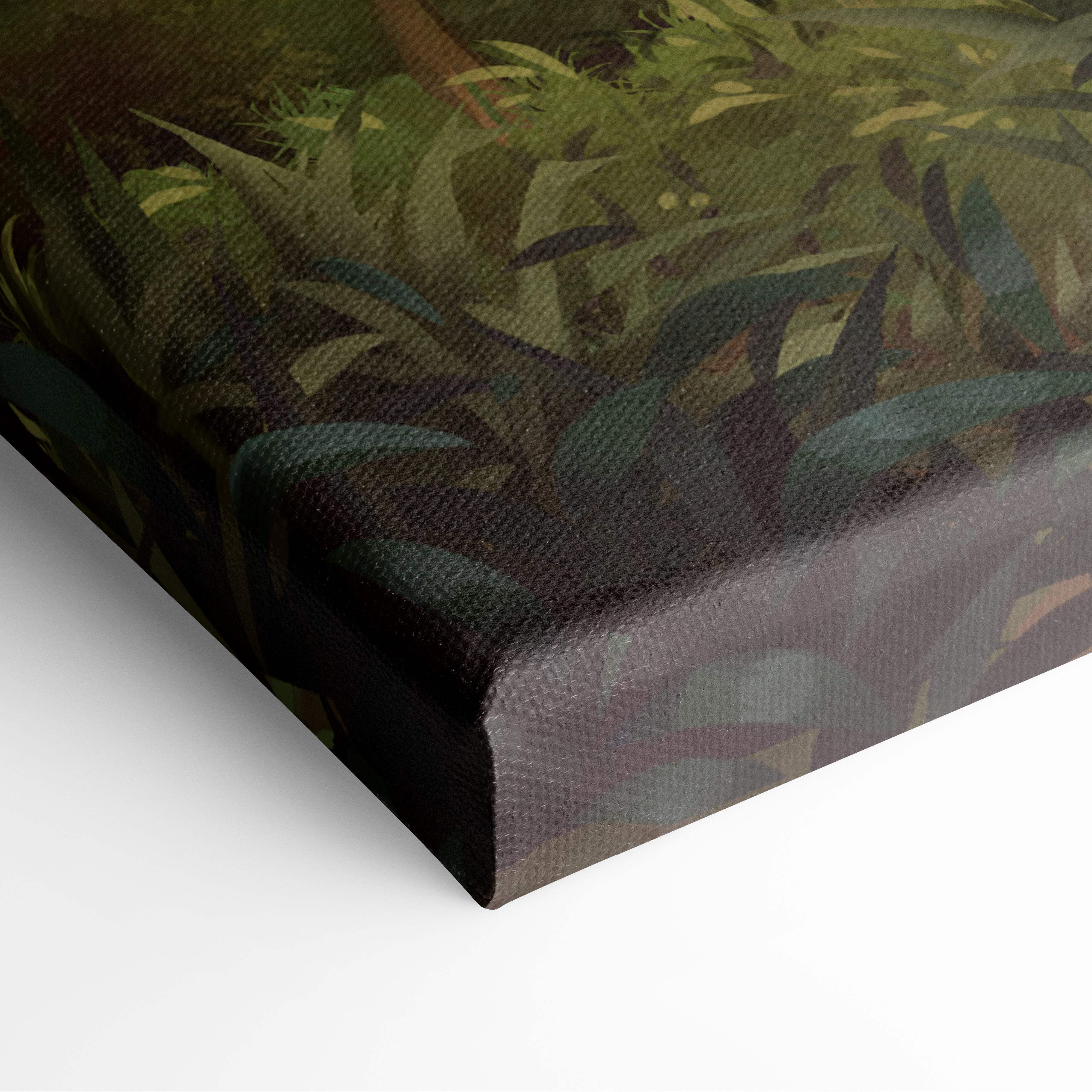Sunlit green forest canvas wall art print showing a textured dense jungle scene with layered greens and earthy tones