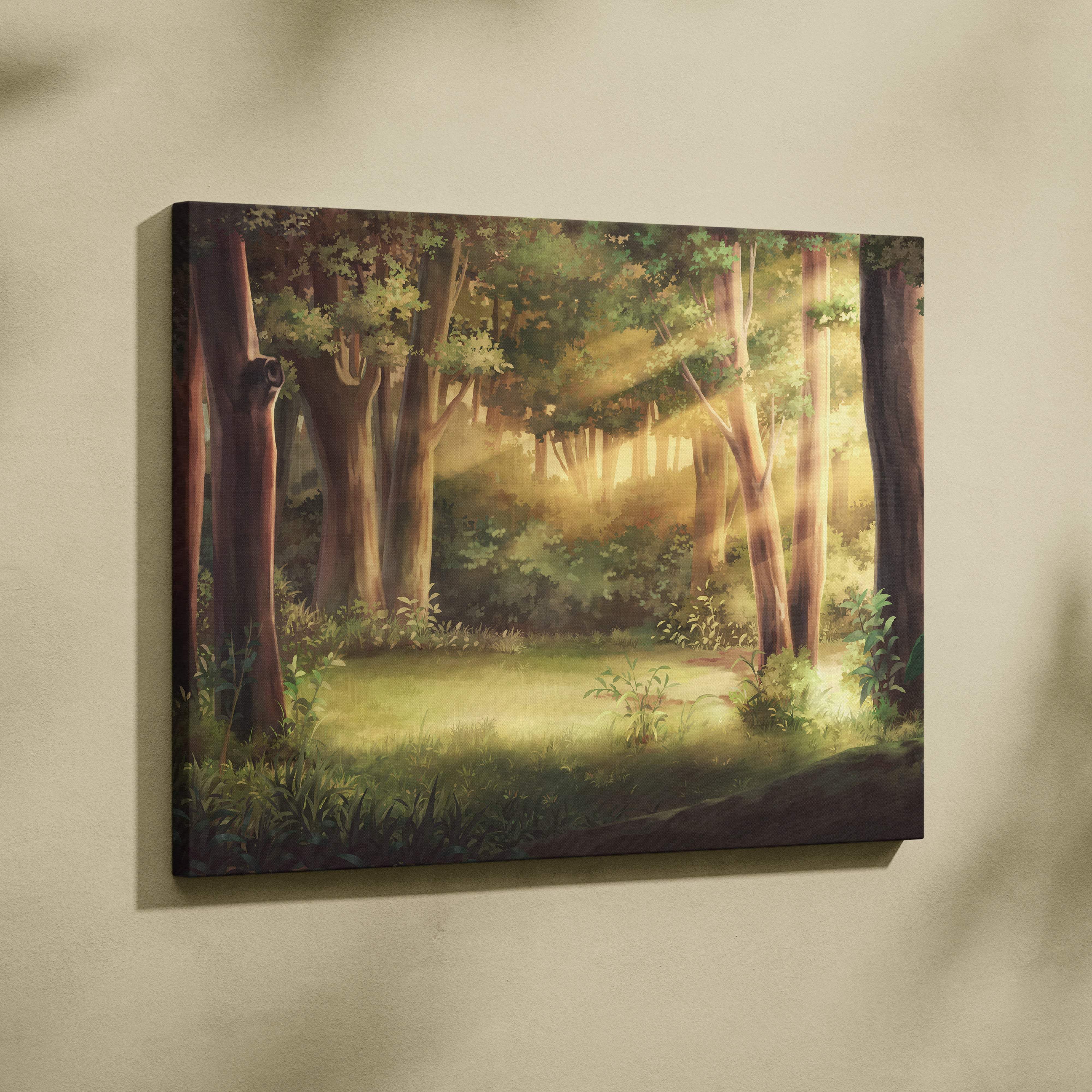Rectangular canvas print of a sunlit green forest with tall trees and lush undergrowth for calm bedroom decor