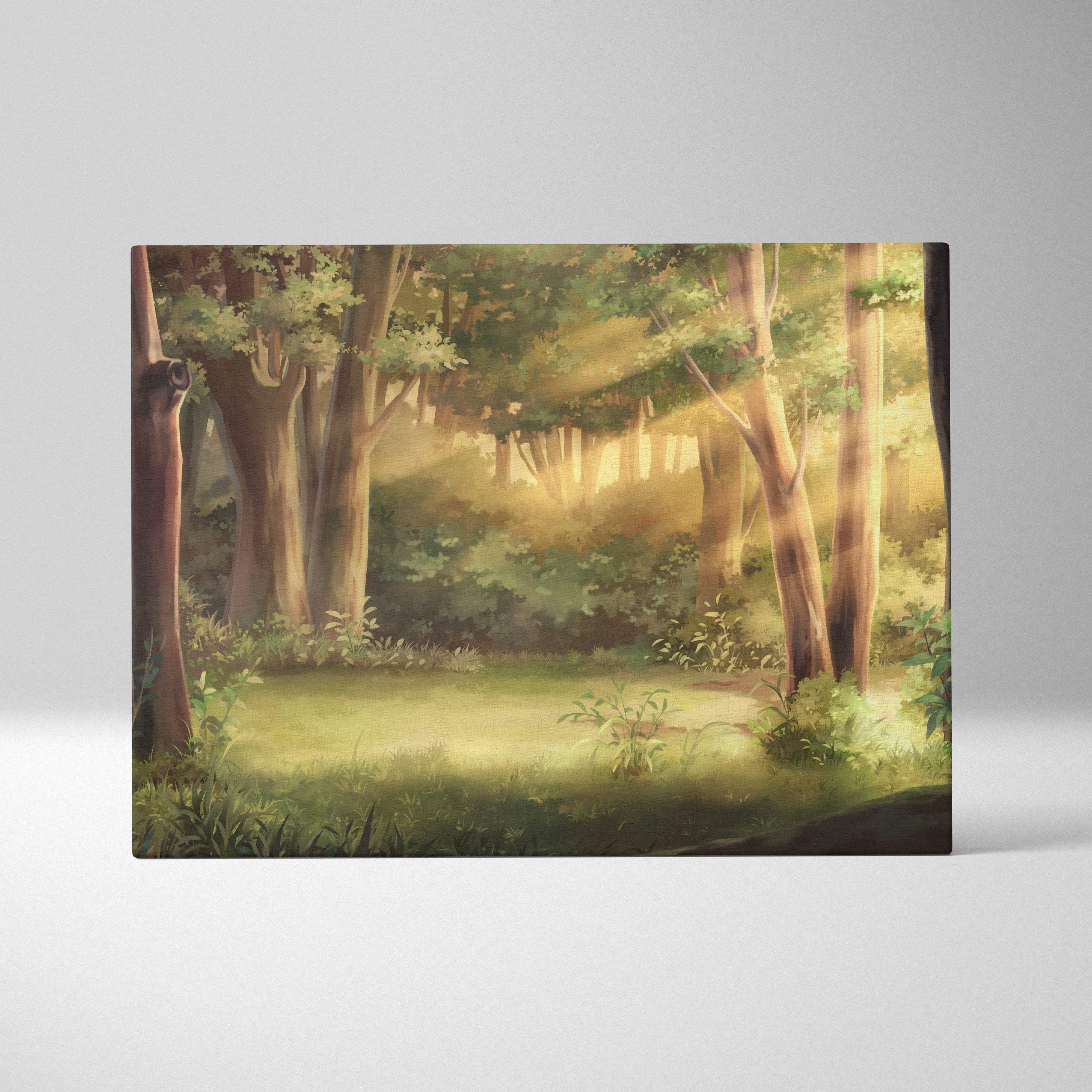 A rectangular canvas wall art print of a sunlit green forest with tall trees and lush undergrowth for calm interiors