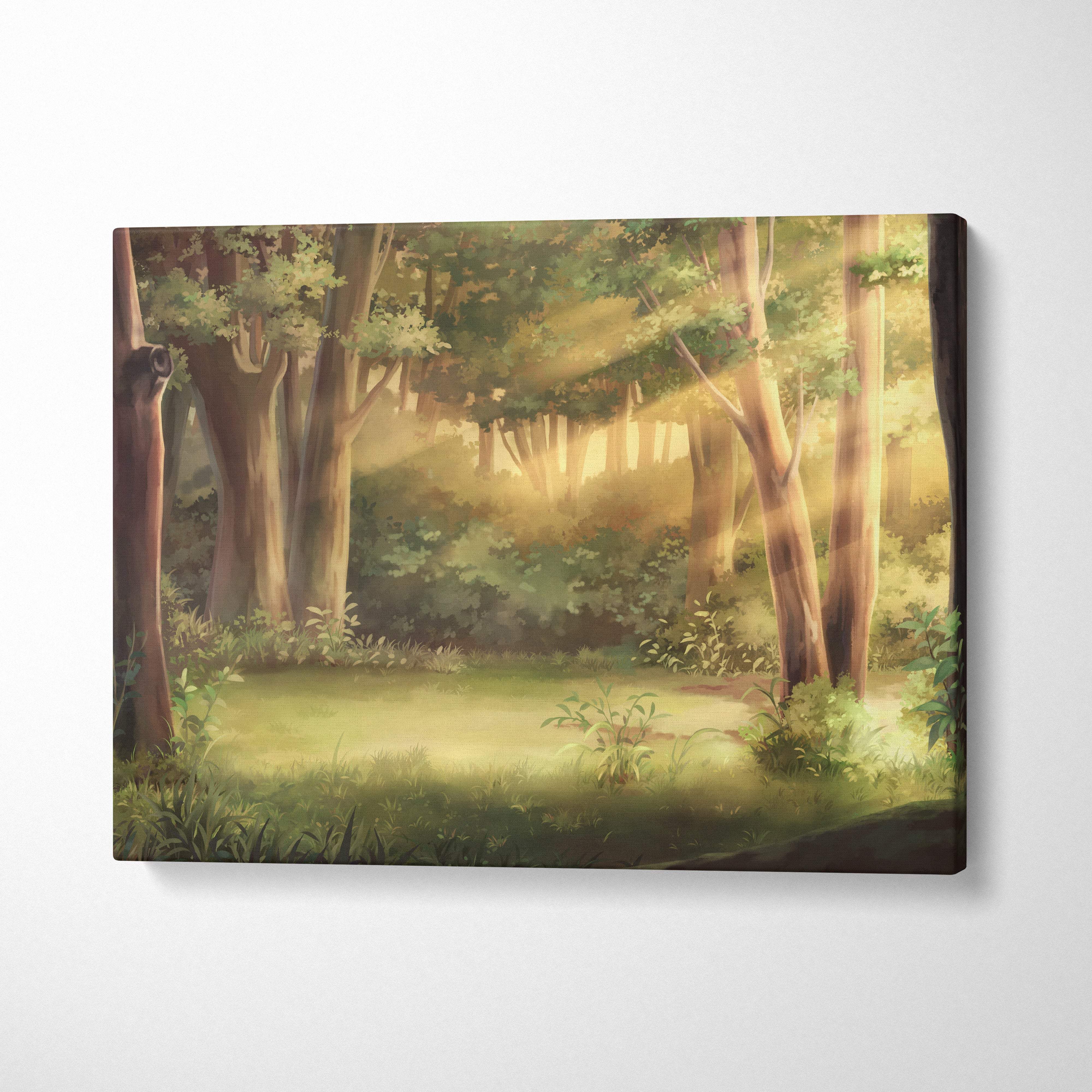 A rectangular canvas print of a sunlit green forest with tall trees and lush undergrowth for calm bedroom decor