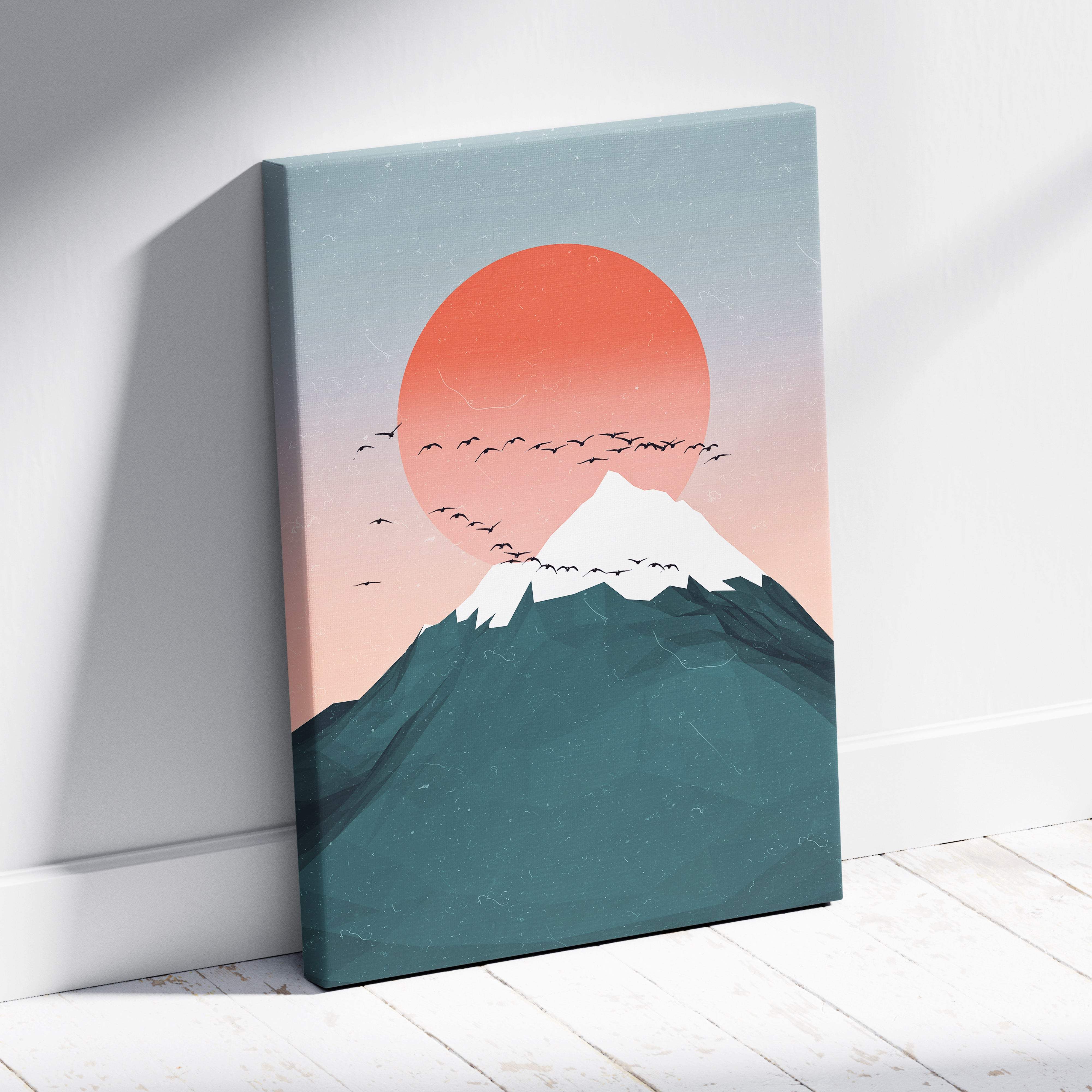 Teal pink mountain sunset canvas wall art with minimalist snow-capped peaks orange sun and birds for modern decor