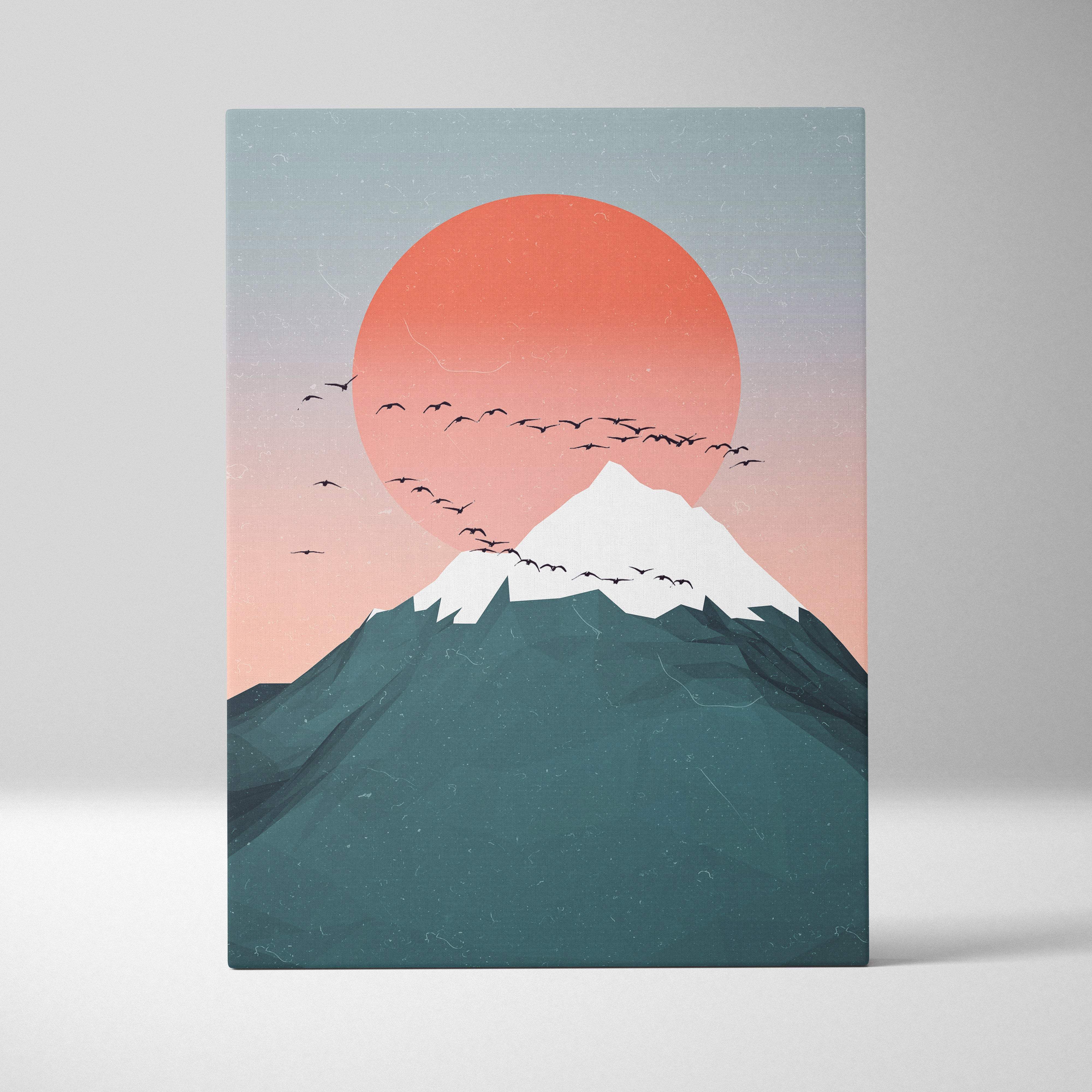 Teal pink mountain sunset canvas wall art featuring a minimalist snow-capped mountain with an orange sun and birds