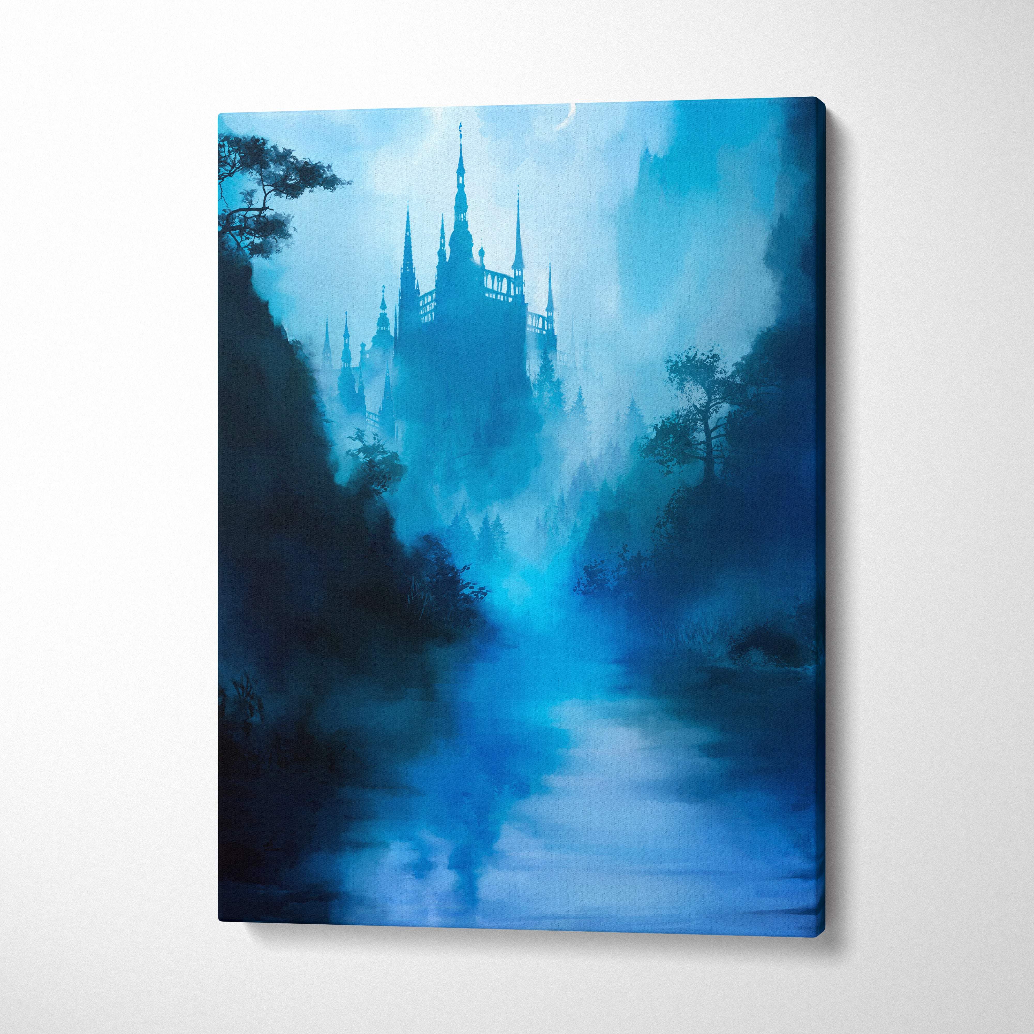 Blue misty castle painting on canvas featuring dreamy gothic fantasy landscape with moonlight and forest reflection