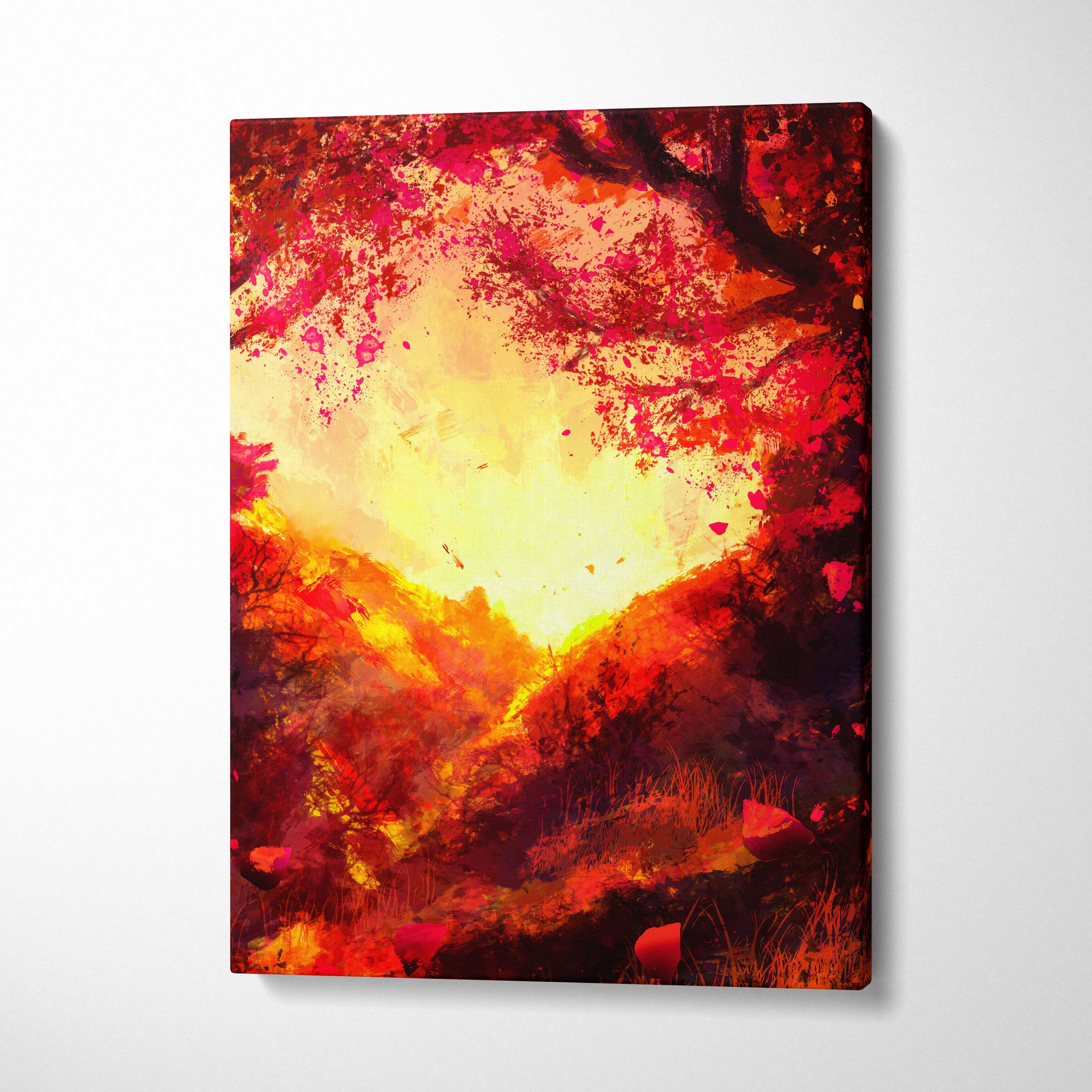 Vibrant red and orange canvas print depicting a fiery autumn landscape with falling leaves for warm wall decor