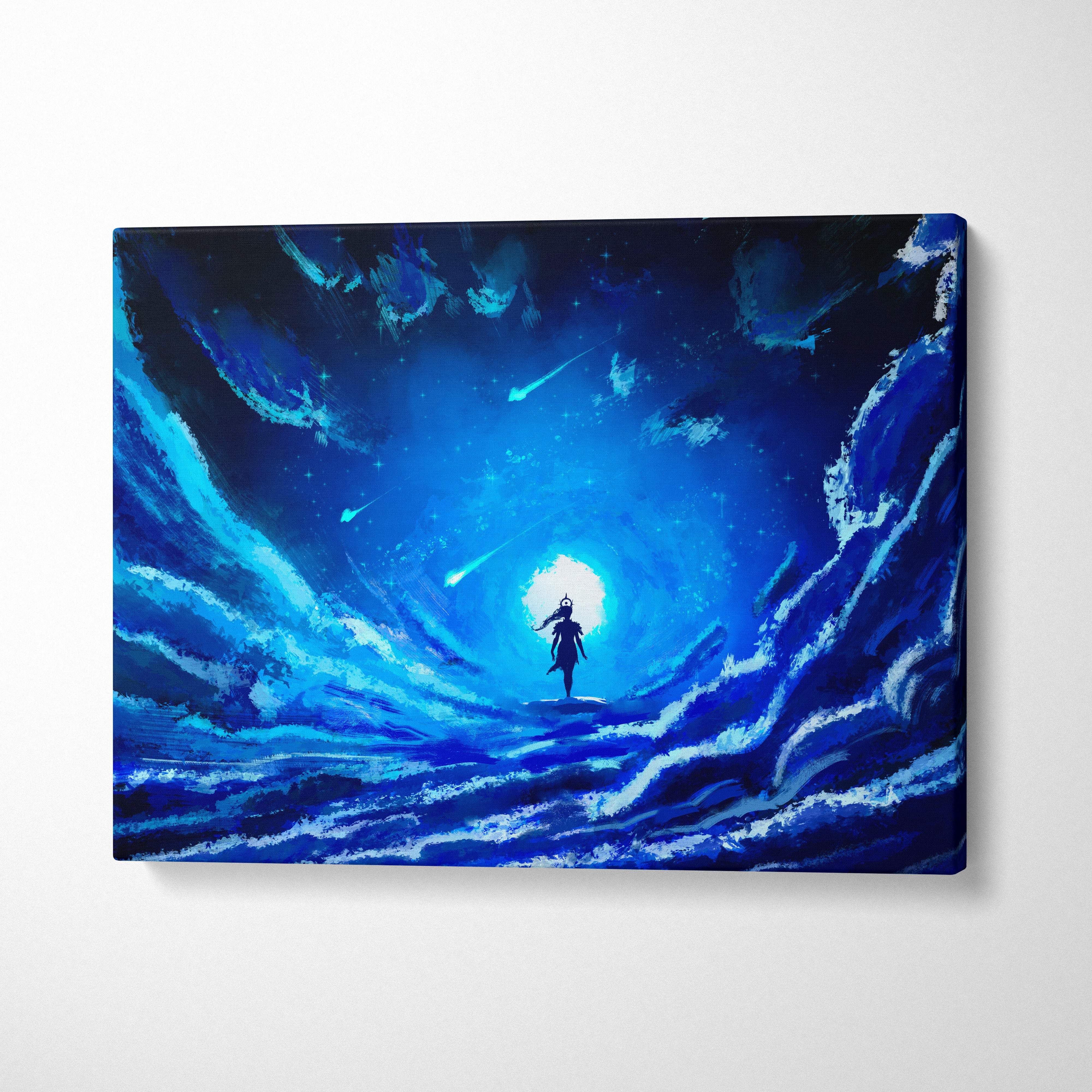 Celestial blue dreamscape canvas wall art featuring a vibrant blue cosmic figure in a swirling nebula starfall nightscape