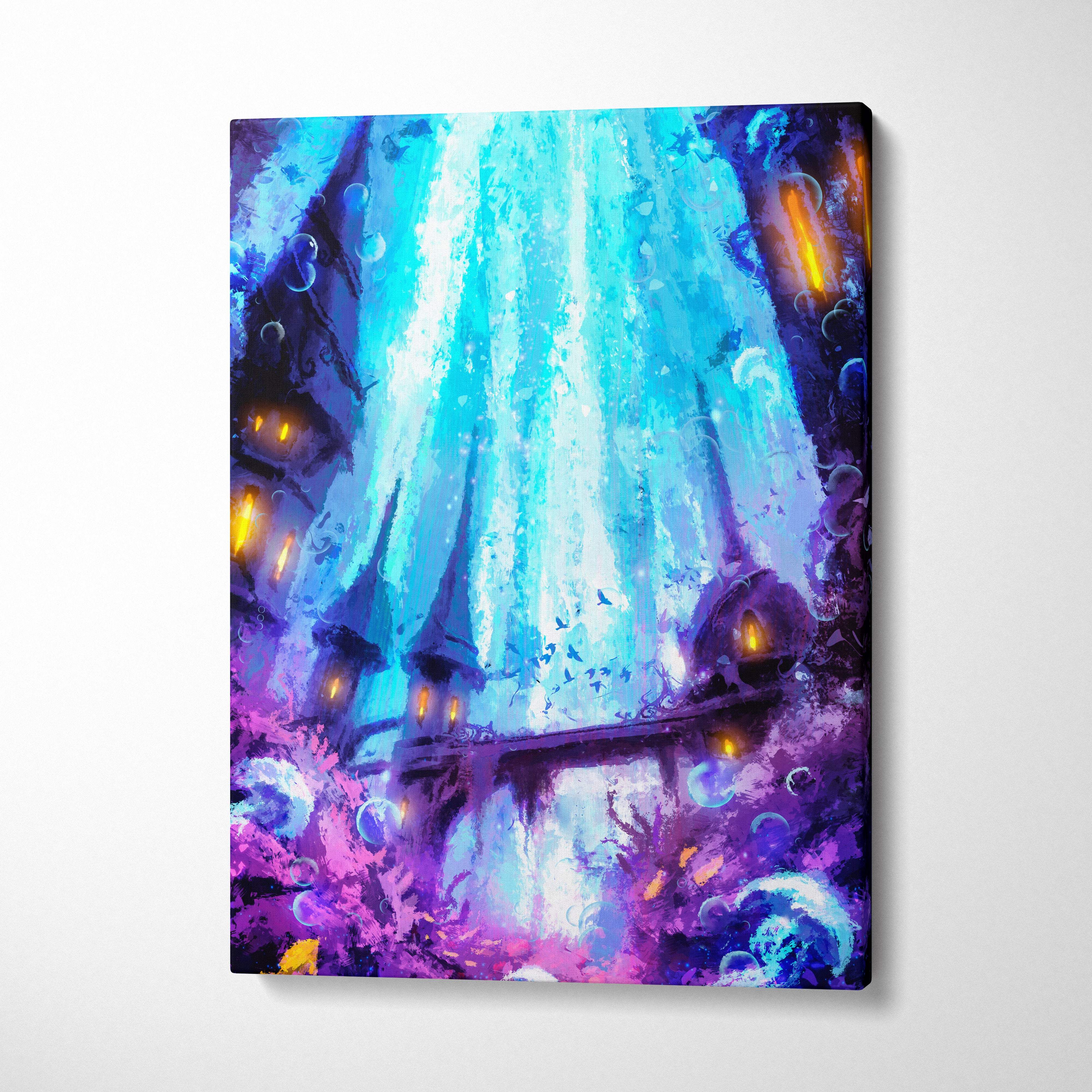 Vibrant blue and purple fantasy canvas art featuring a glowing bioluminescent waterfall in an underwater cityscape