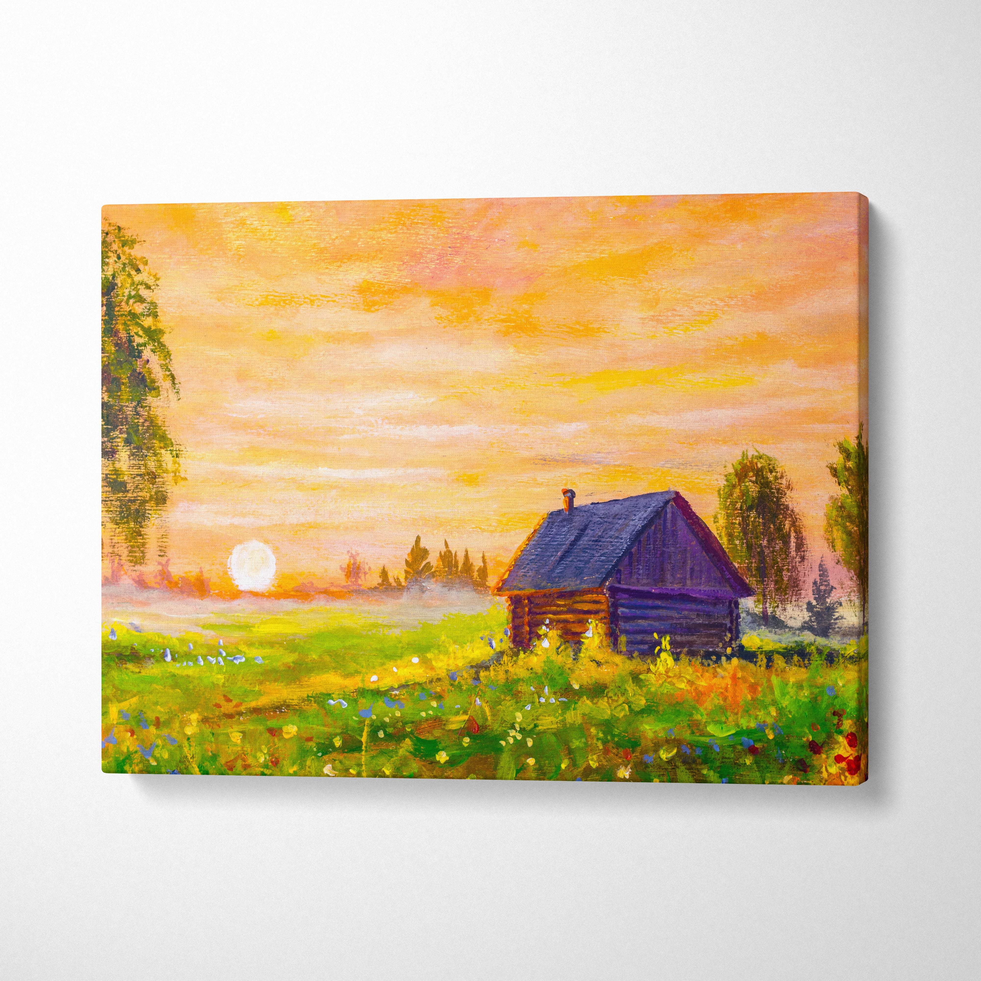 A vibrant canvas print of a rustic wooden cabin in a wildflower meadow under a golden sunrise sky wall art