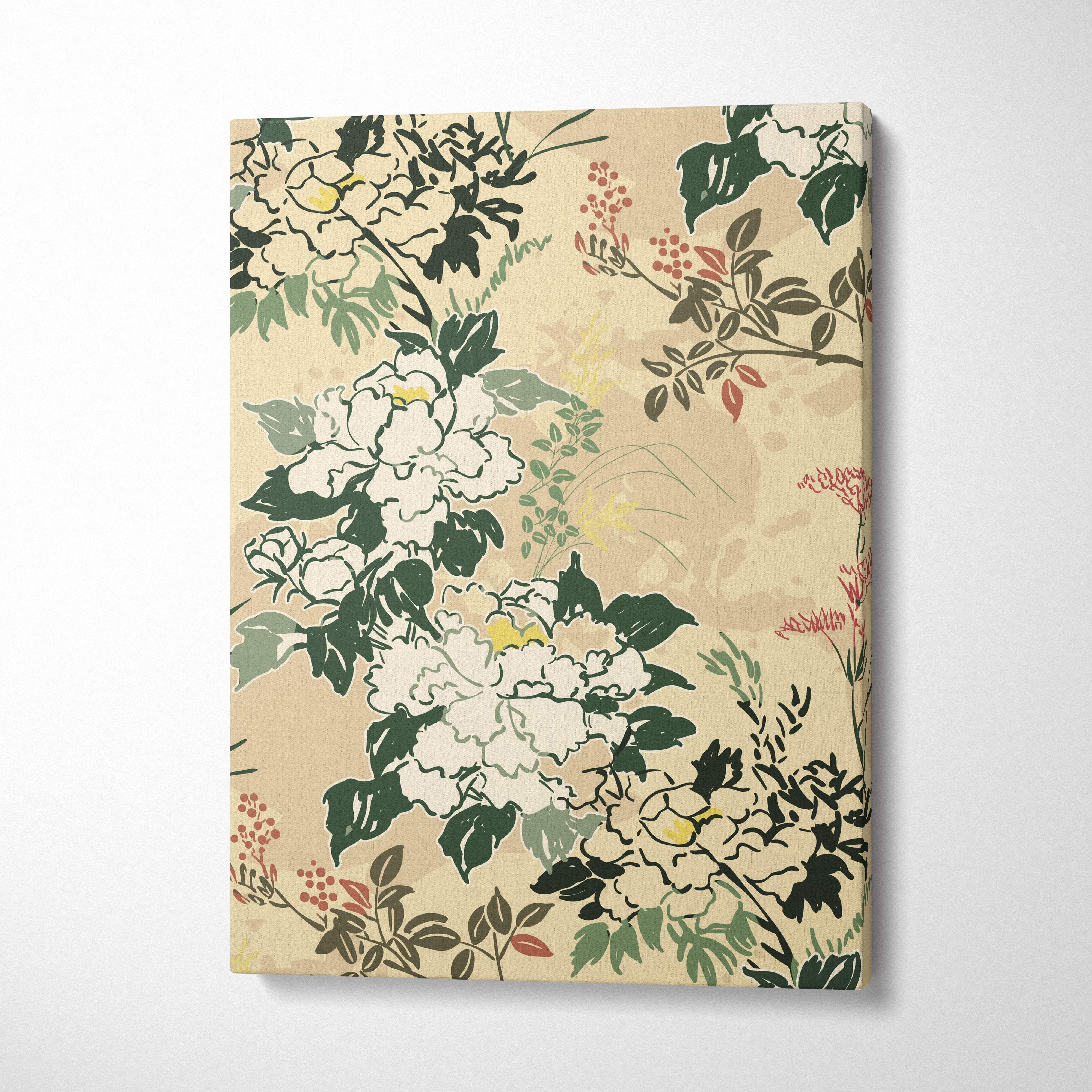 Beige canvas wall art featuring stylized white peonies green leaves and red berry clusters in vintage asian garden style