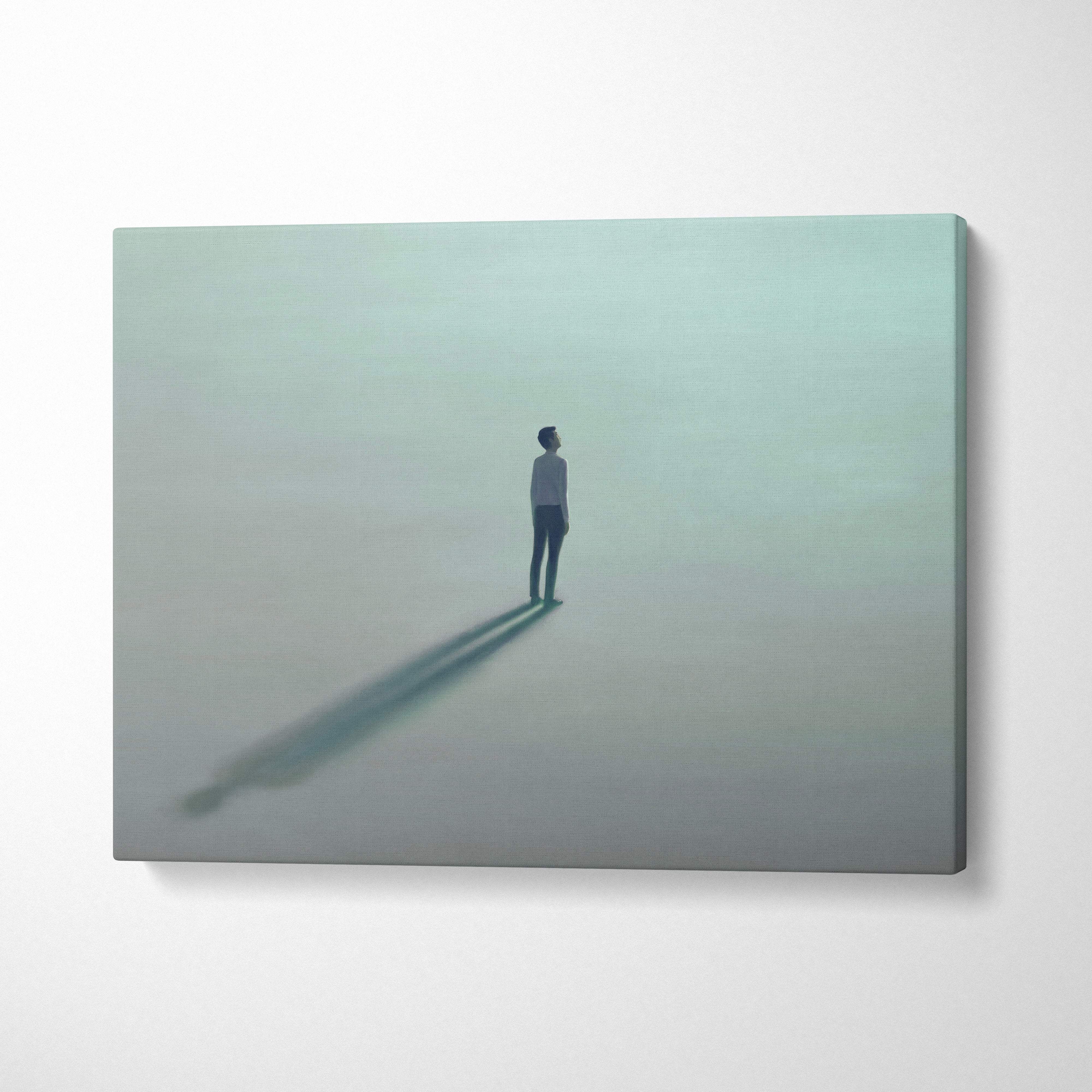 Contemporary lone man canvas wall art with a minimalist solitary figure in muted aqua fog tones for bedroom decor
