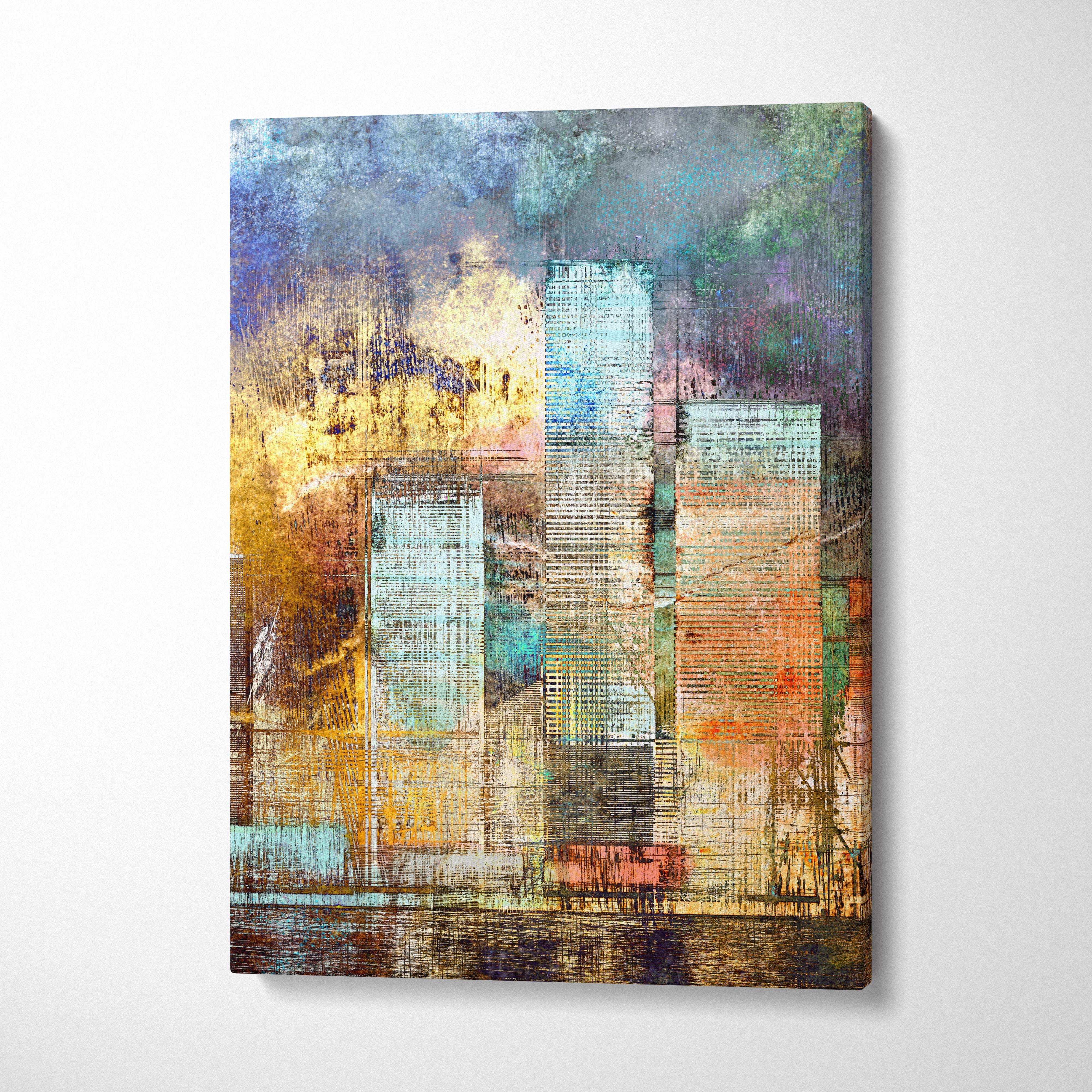 Abstract city skyline canvas wall art with textured layered brushstrokes in blue gold and earthy tones for urban decor