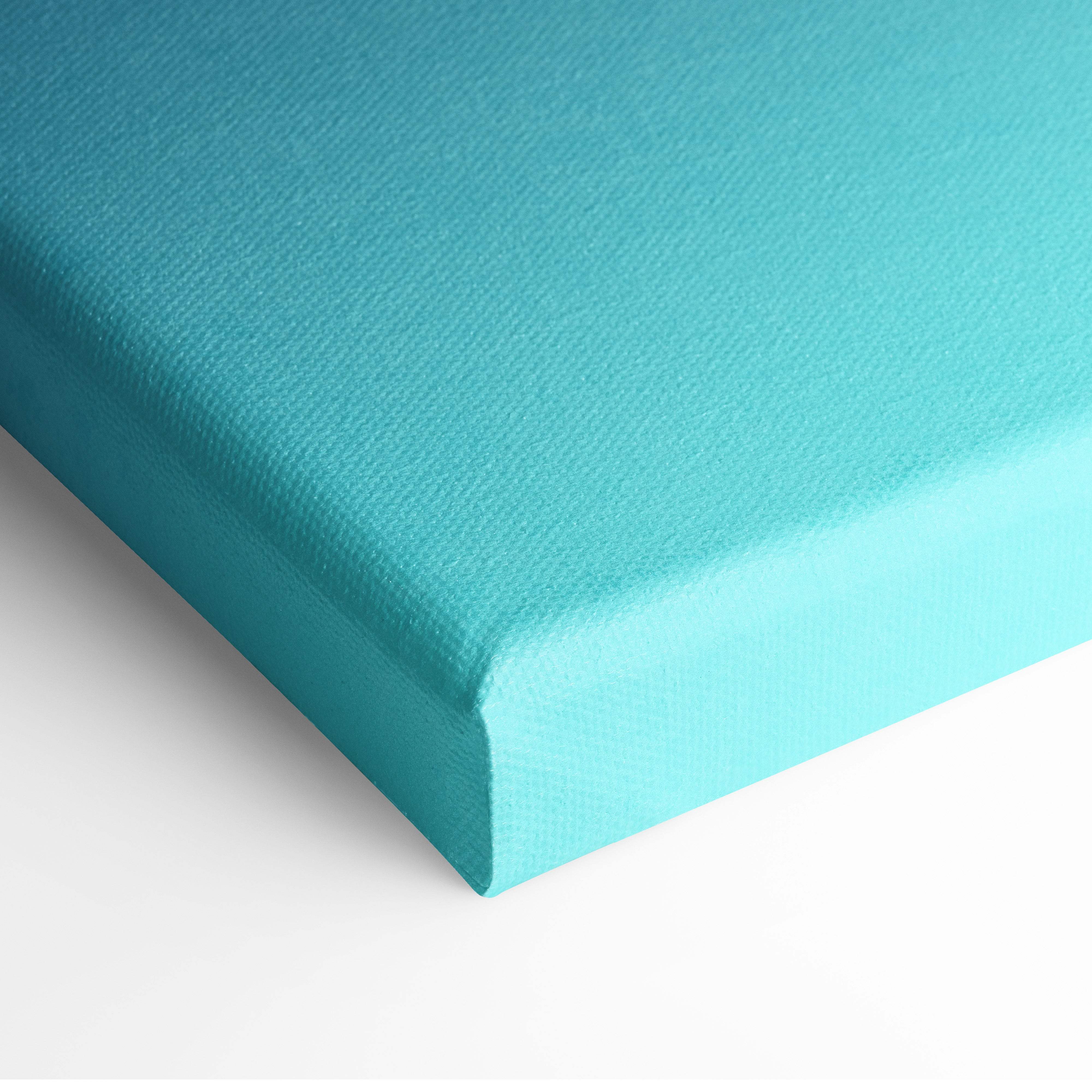 Teal canvas print with textured woven surface featuring minimalist underwater falling figure in serene blue ocean depths