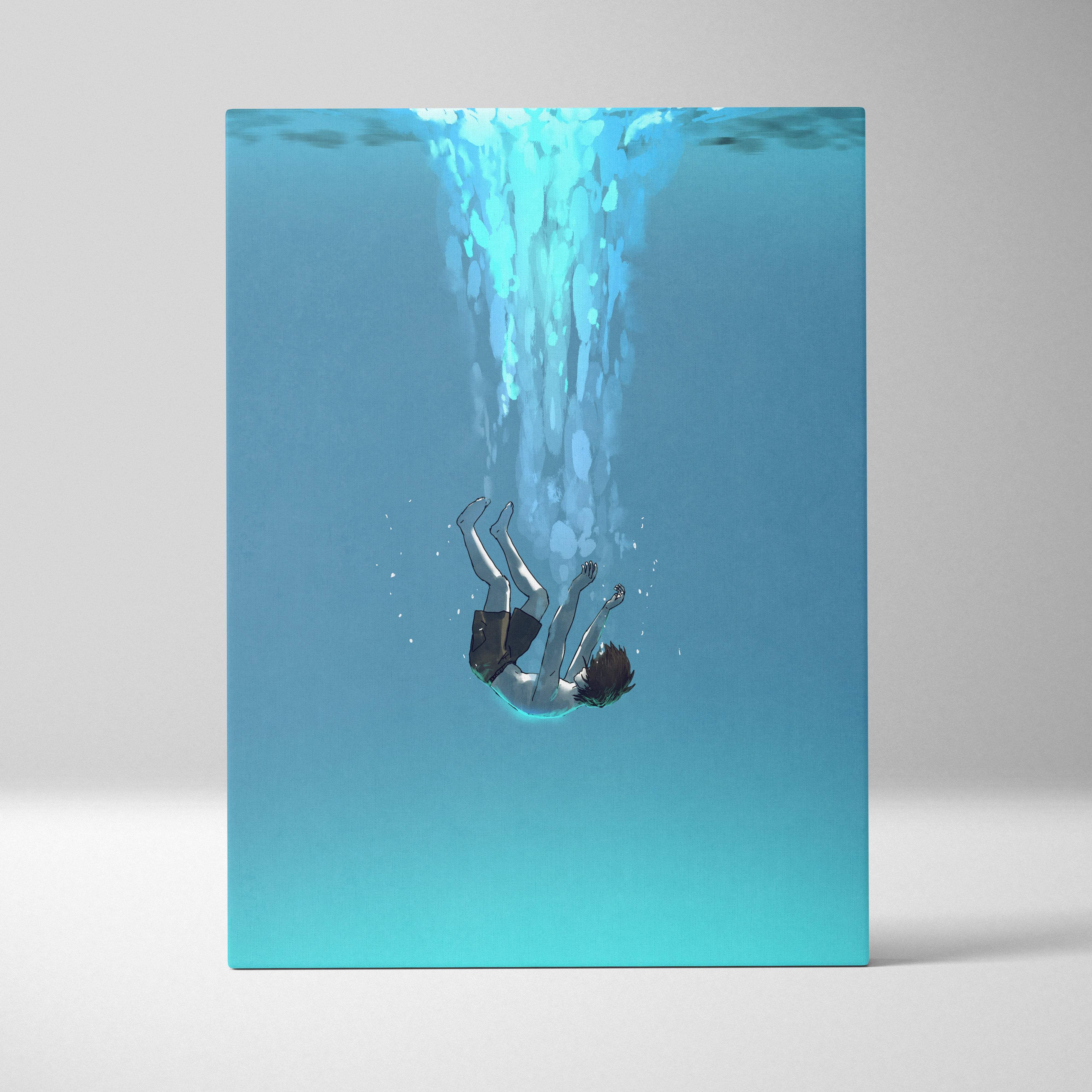 Minimalist underwater falling figure canvas art featuring a serene blue ocean scene with a person diving and bubbles