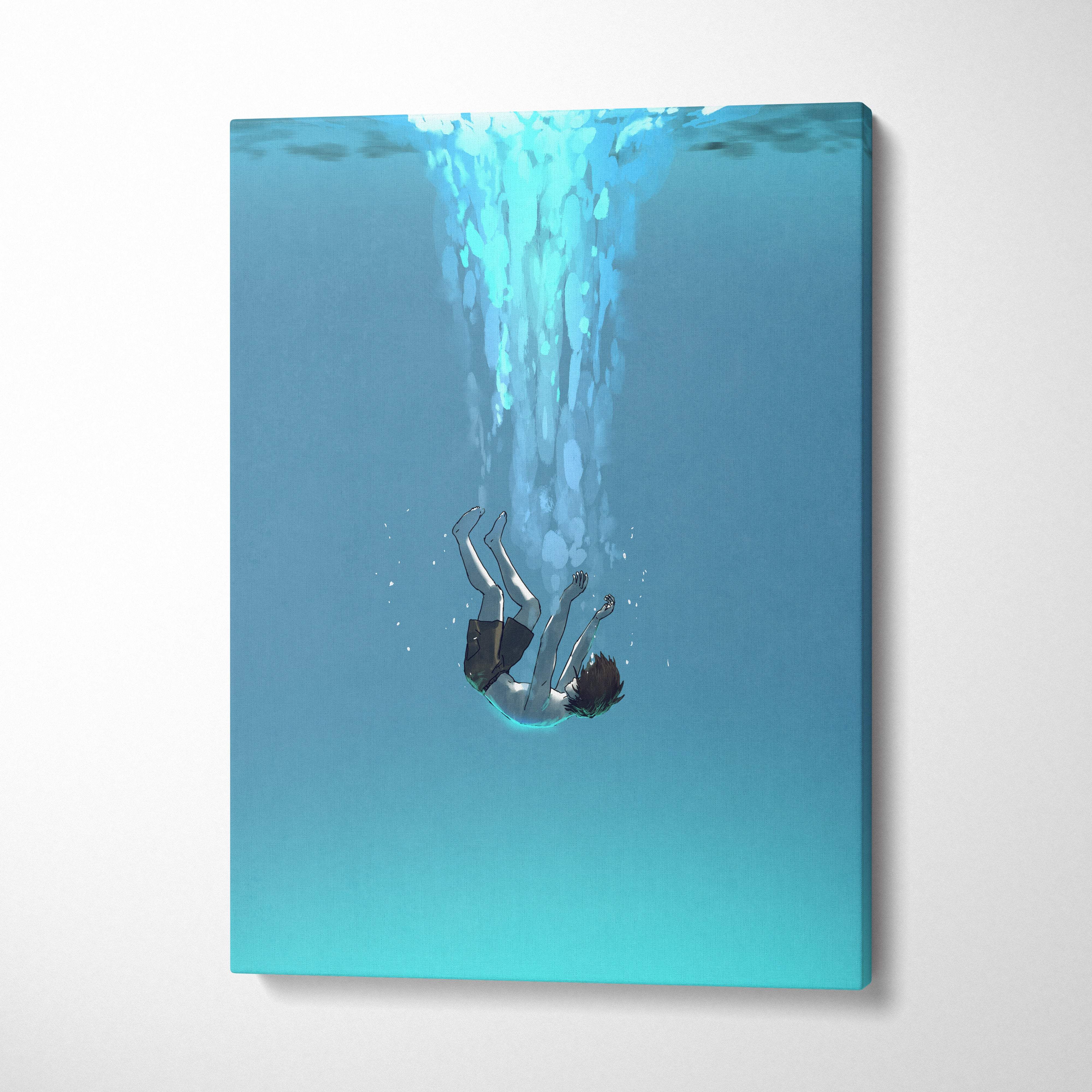 Blue canvas print of minimalist underwater falling anime figure with bubbles serene ocean depths wall decor