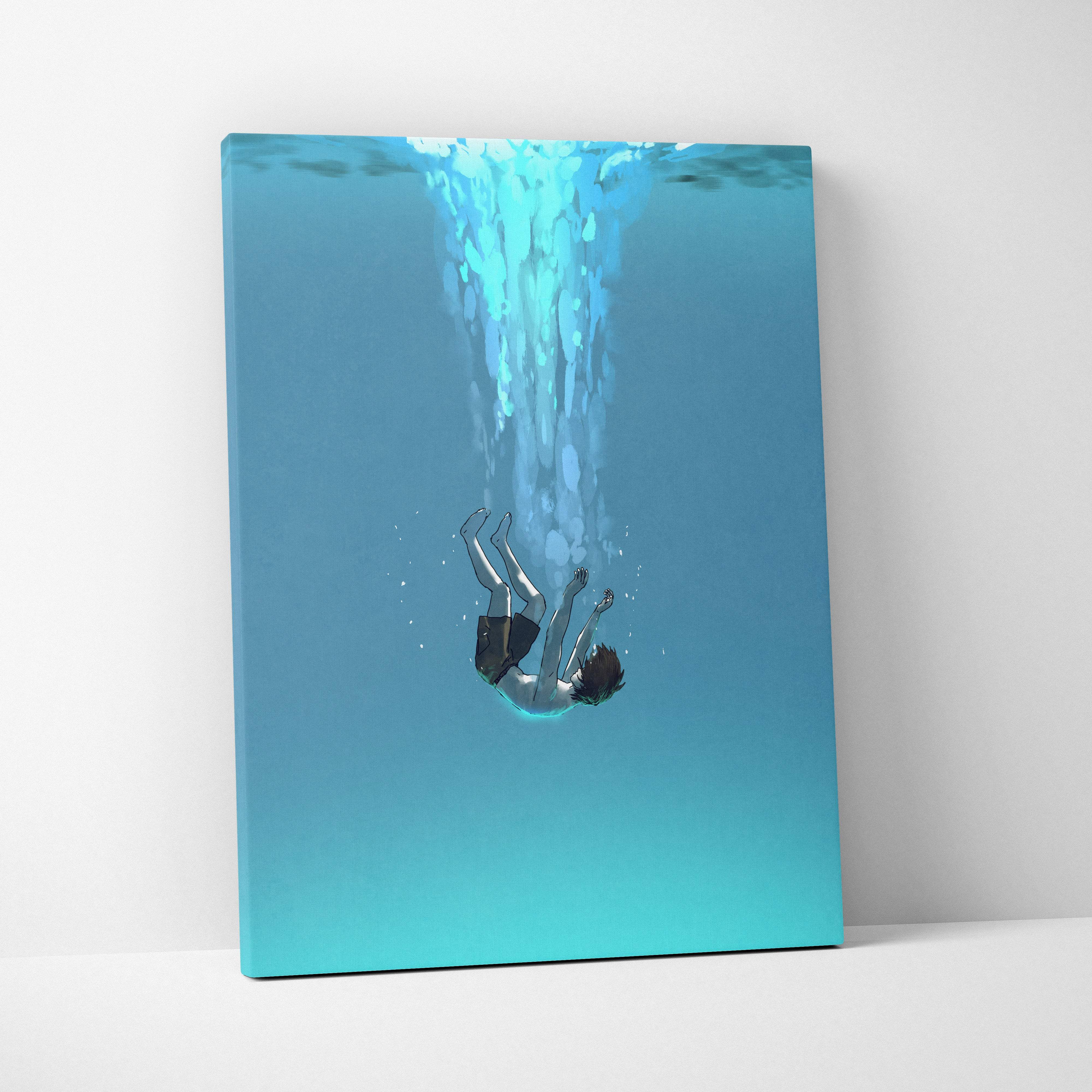 Minimalist rectangular canvas print of a diving figure with turquoise gradient and bubbles for calm ocean wall decor