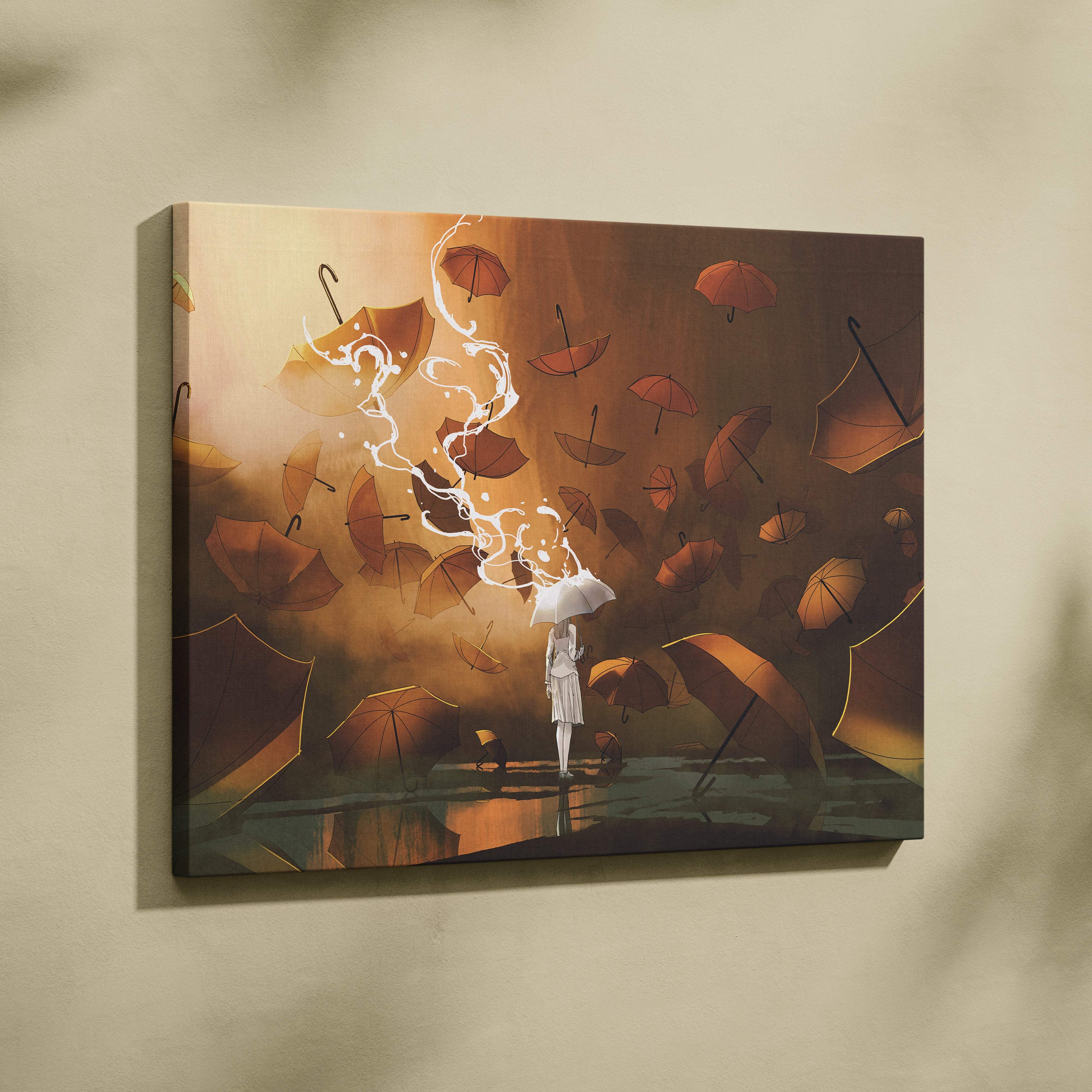A rectangular canvas wall art print featuring a solitary figure with a white umbrella among falling orange umbrellas in warm brown tones