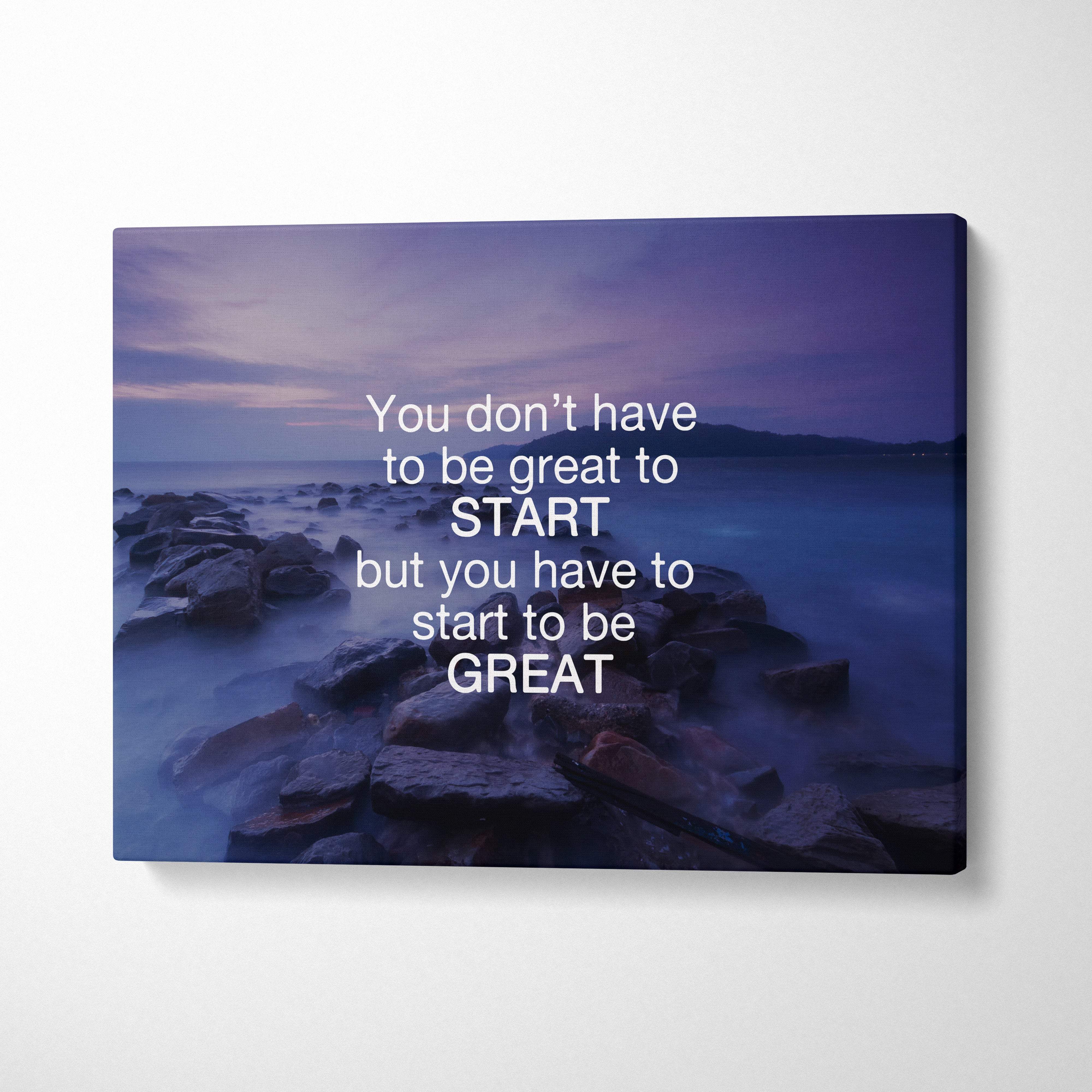 Rectangular canvas print with a twilight ocean scene and white motivational quote for office or bedroom decor