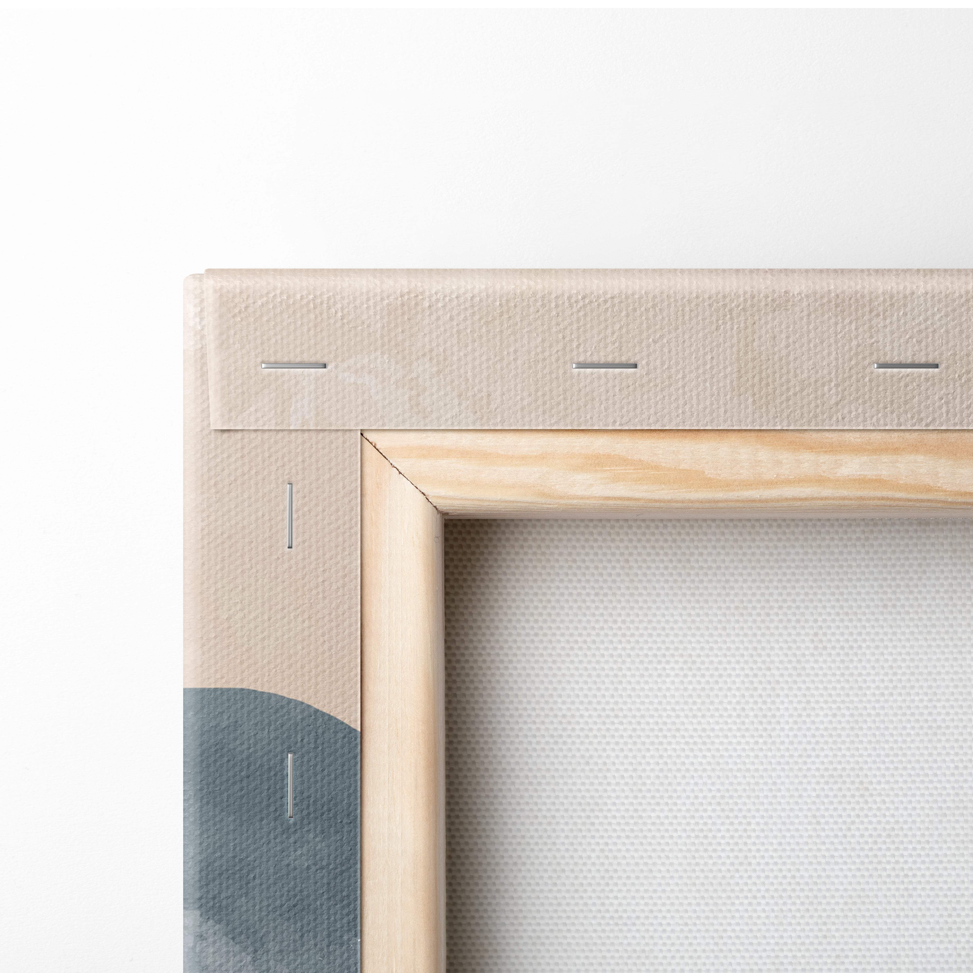 Light wood-framed boho abstract landscape canvas with beige textured backing and subtle stitching details