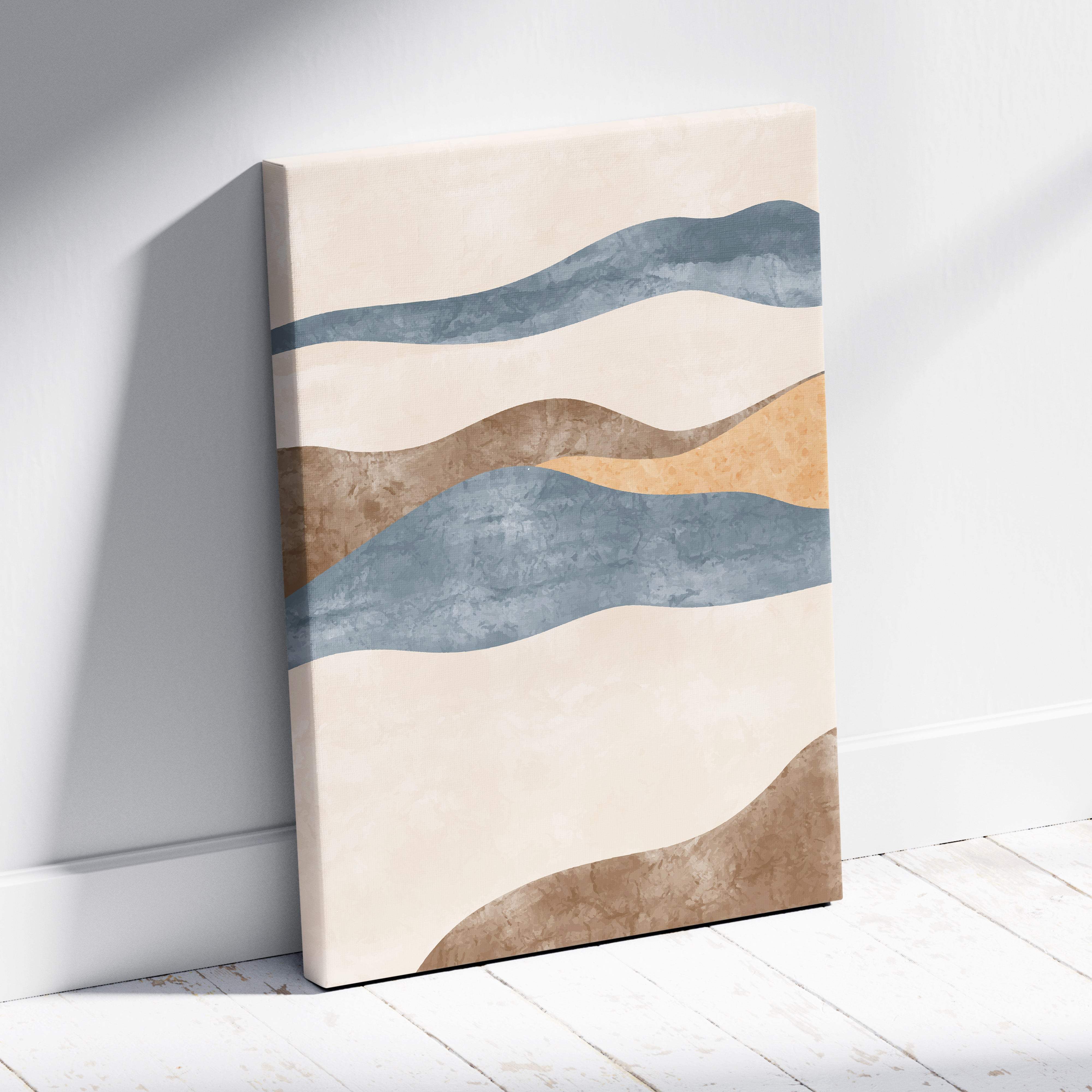 Boho abstract landscape canvas wall art with flowing muted blue beige and warm brown textured waves for modern decor