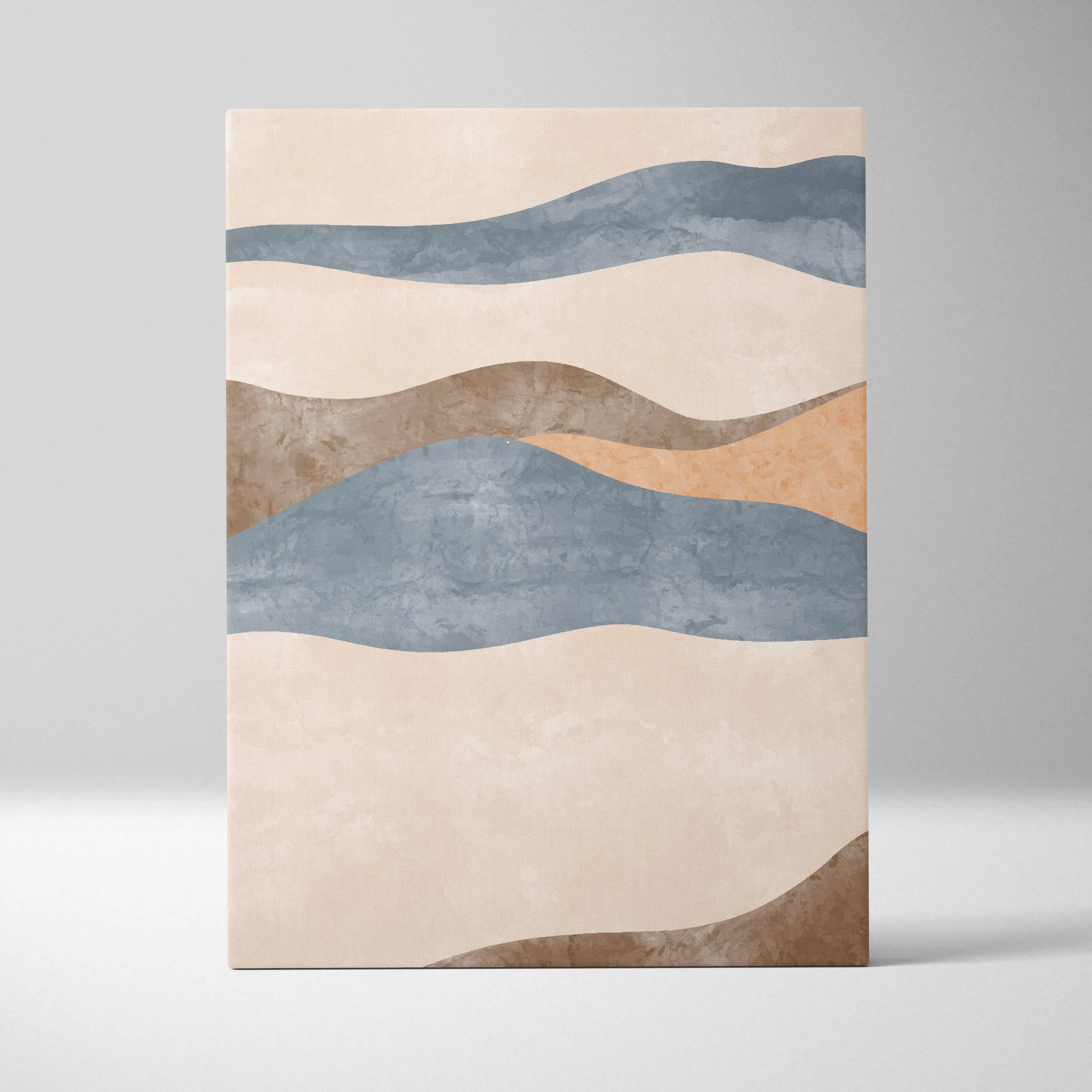 Boho abstract landscape canvas wall art with wavy blue beige and warm brown earth tone bands and textured finish