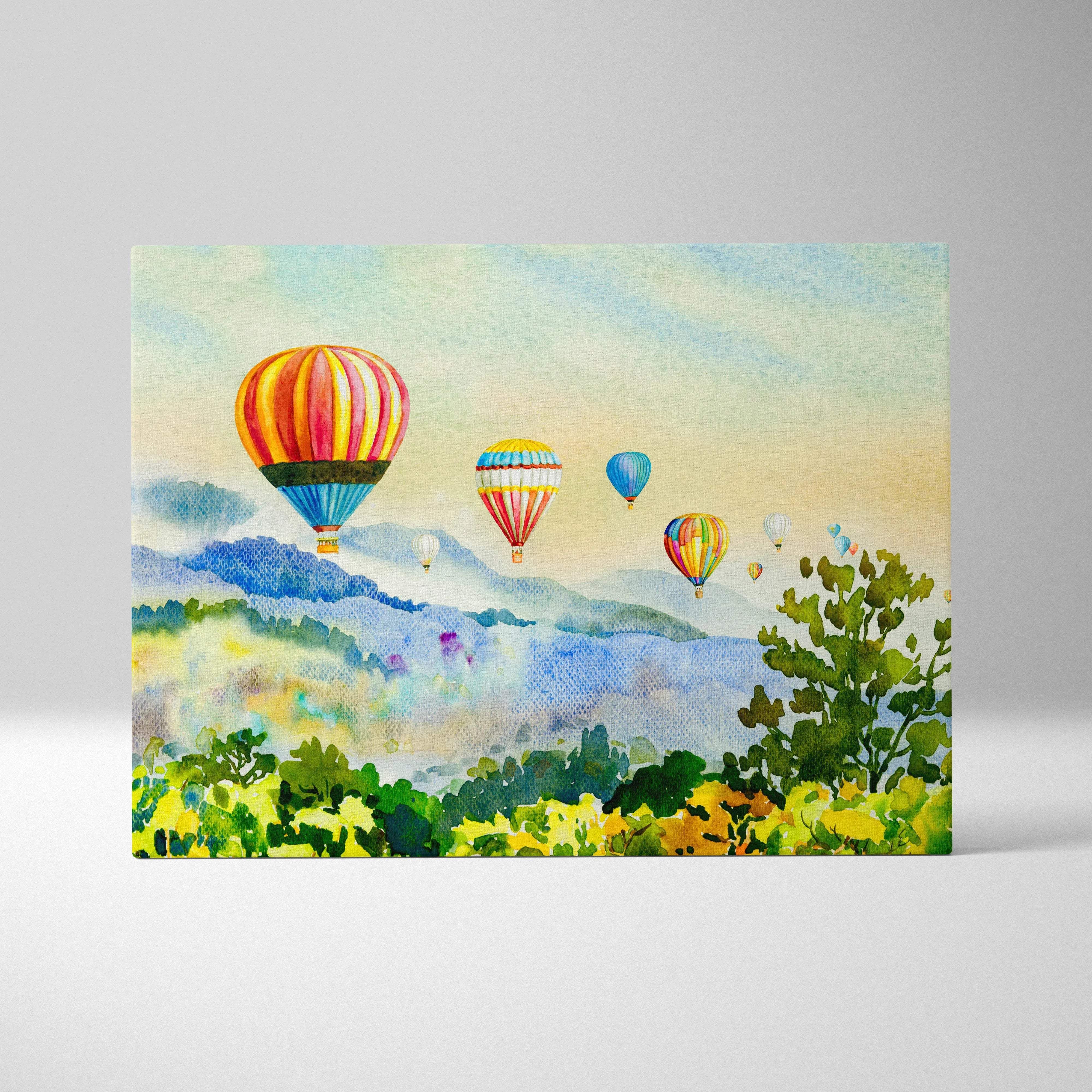 Watercolor hot air balloons over misty mountains dreamy landscape art