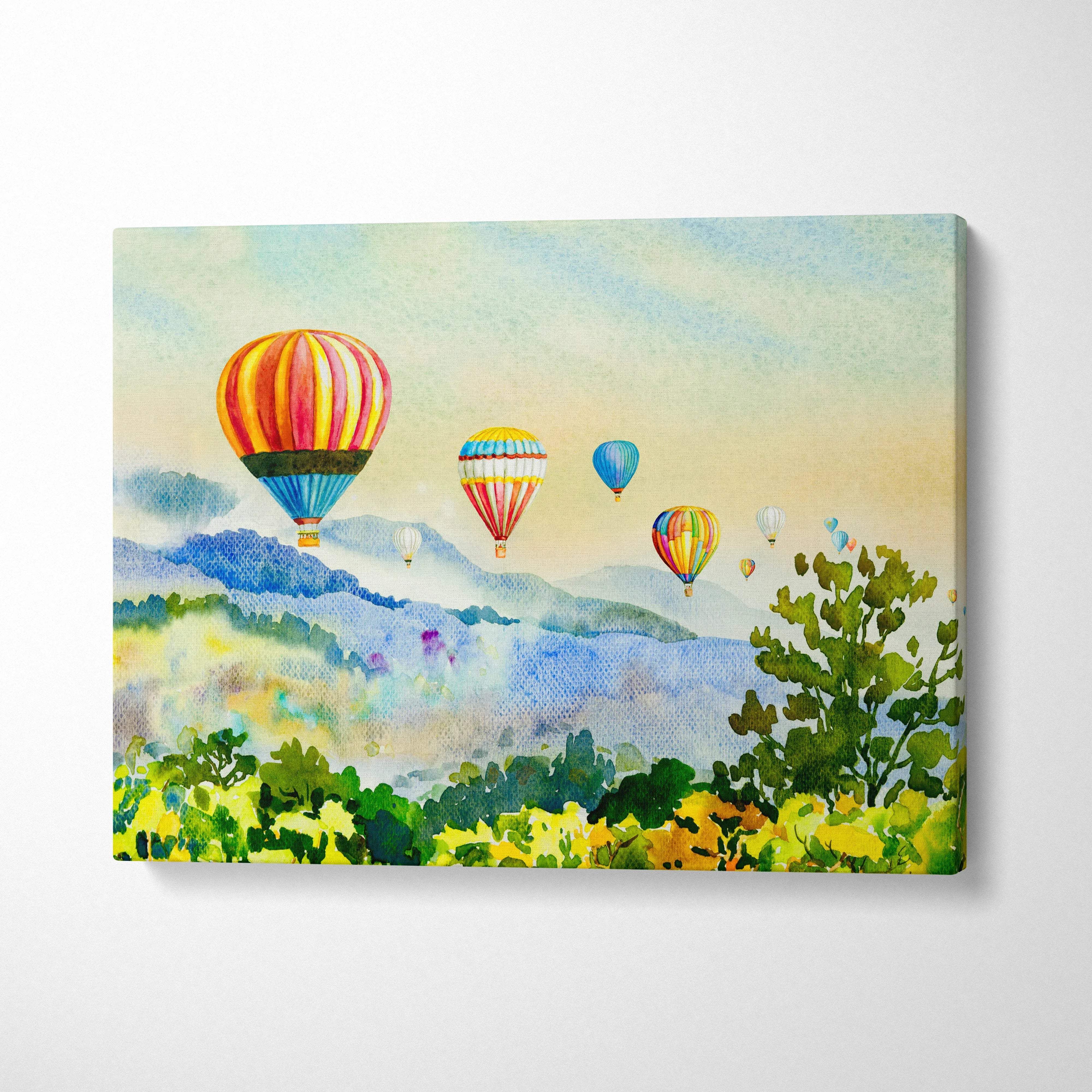 Watercolor hot air balloons over misty mountains dreamy landscape canvas art