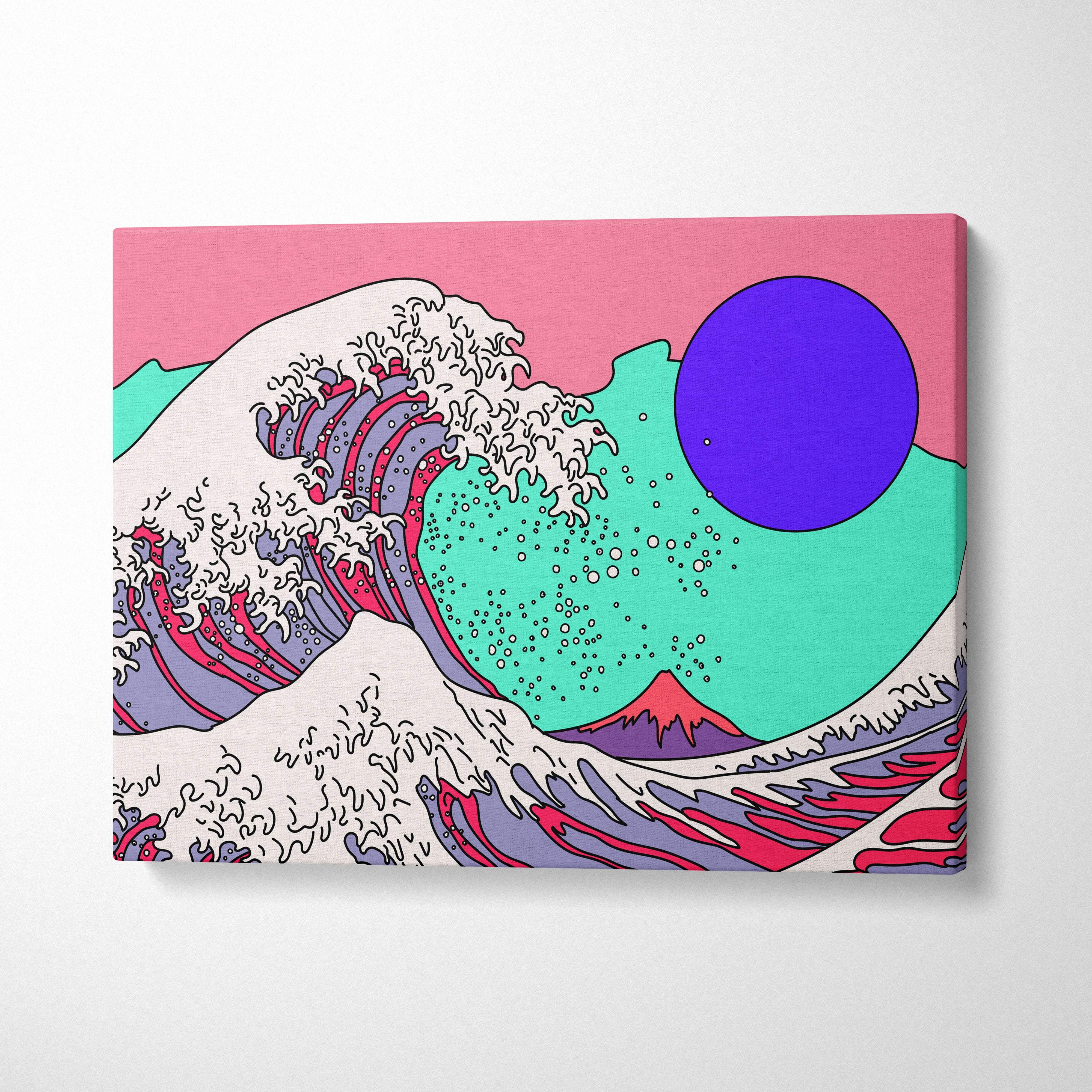 Vaporwave japanese wave canvas art print with stylized wave in red purple teal against pink sky and blue sun background