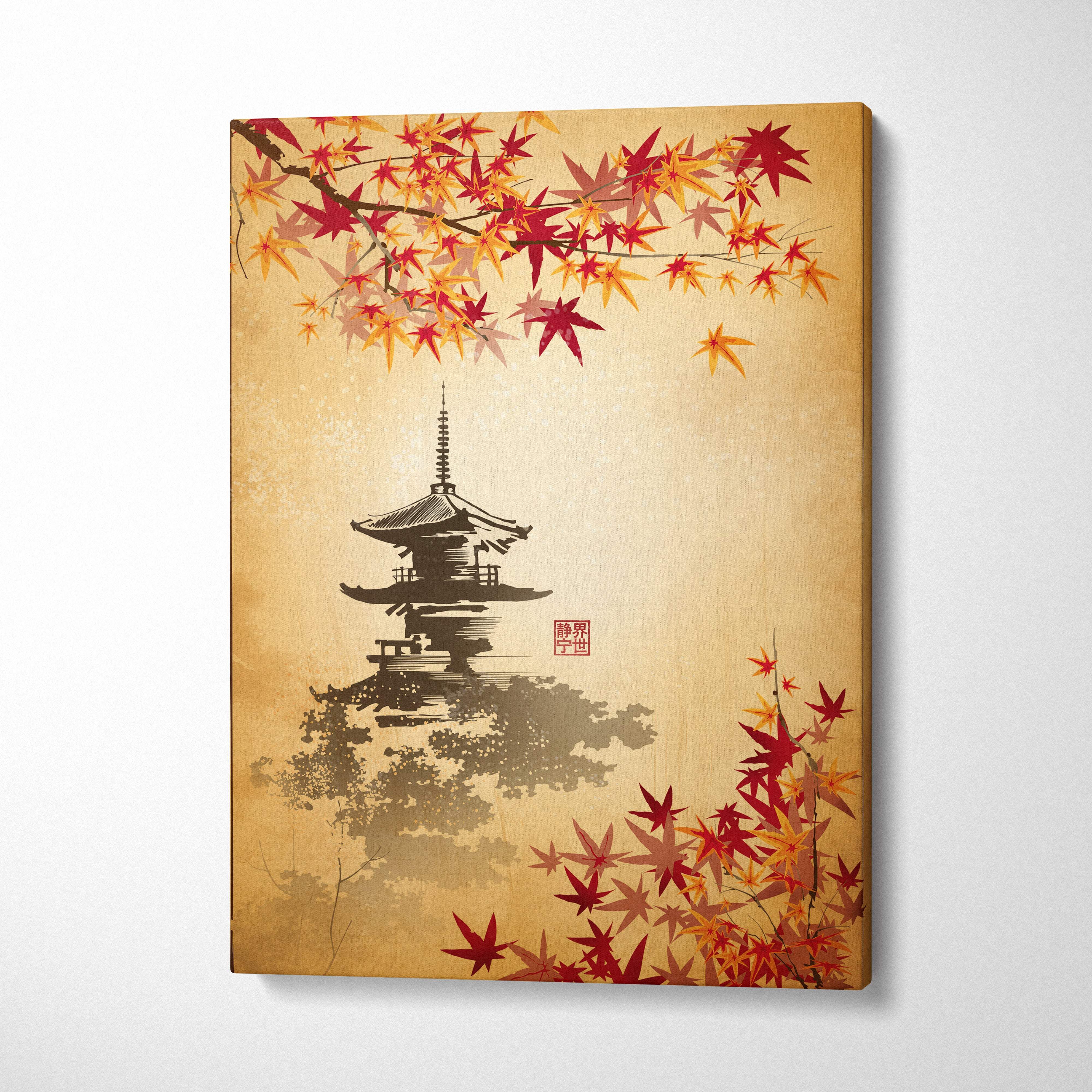 A framed canvas print of a black ink japanese pagoda with red and orange maple leaves on beige background wall art