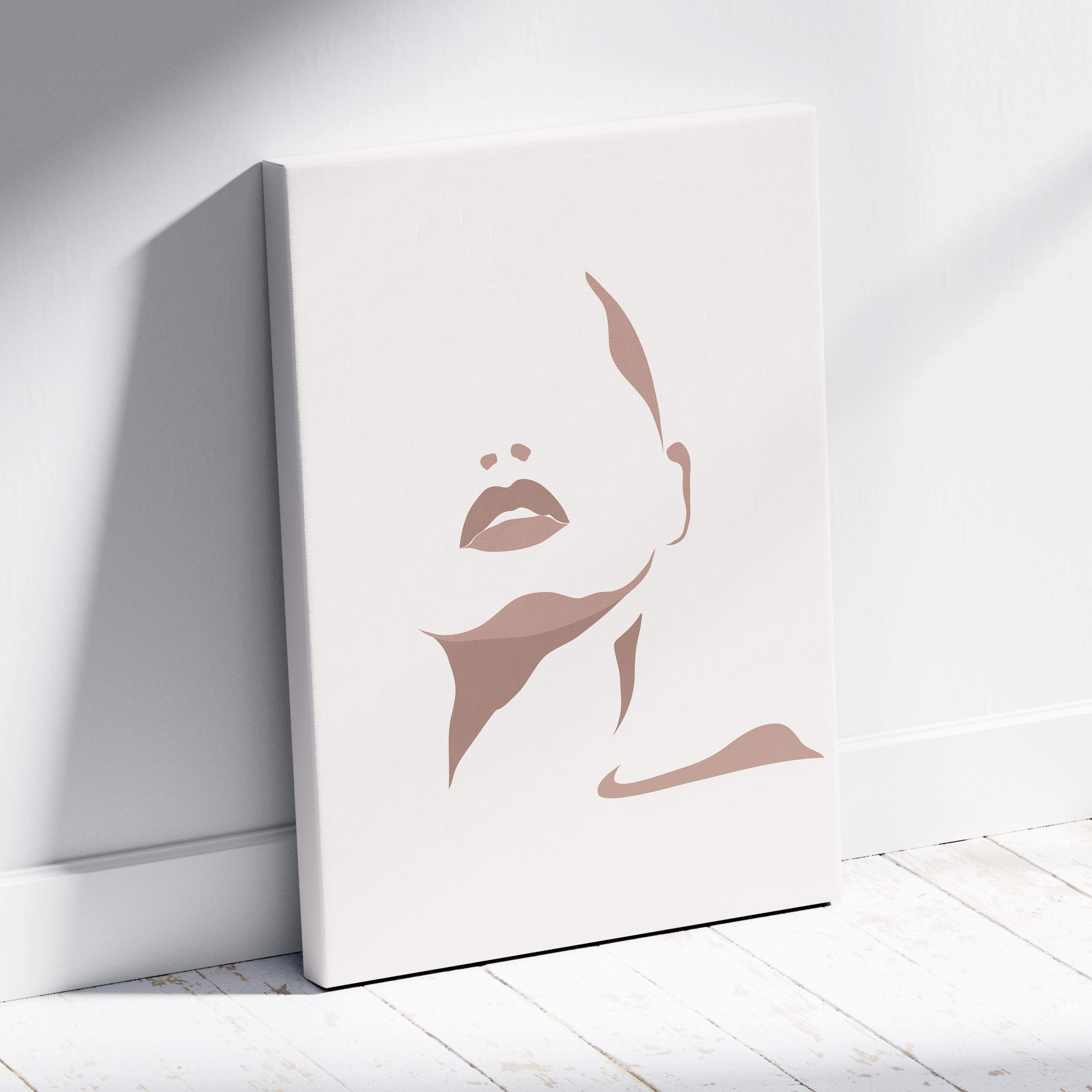 Boho minimalist face canvas wall art featuring a taupe and beige abstract line portrait for modern living room decor