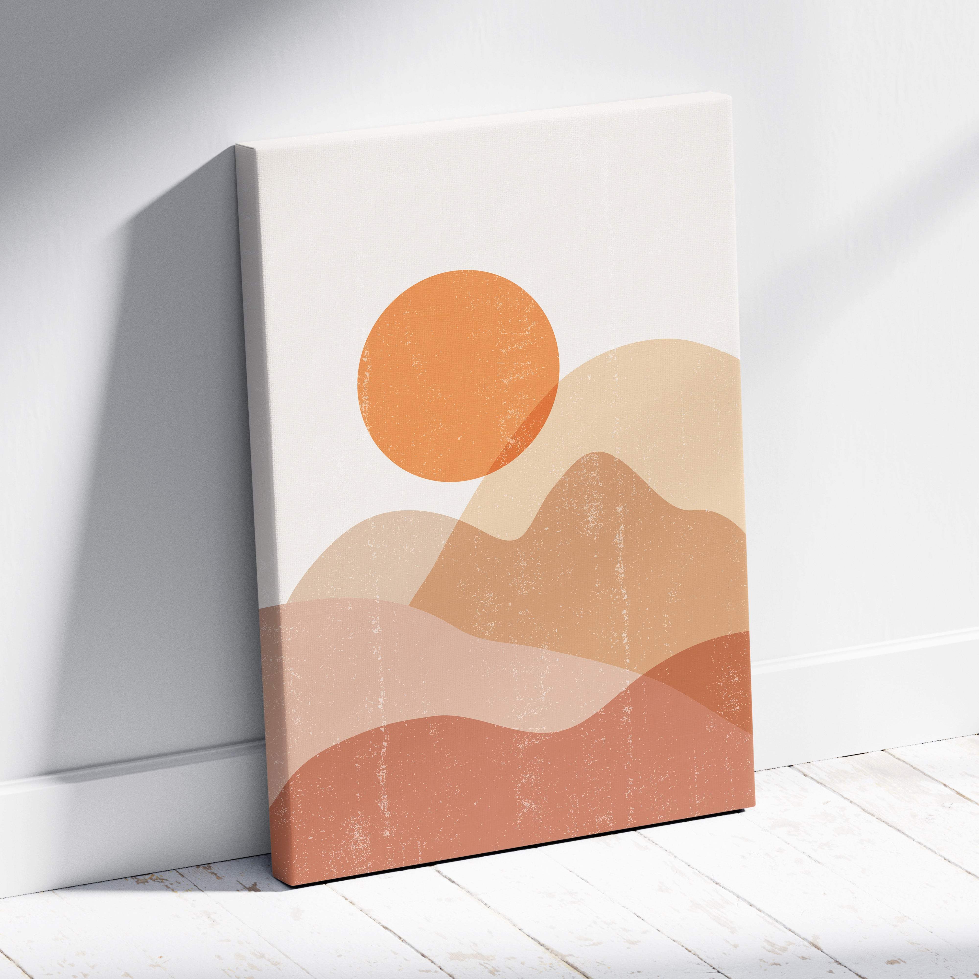 Boho desert sun canvas wall art featuring minimal terracotta and beige abstract mountain silhouettes with a textured sun