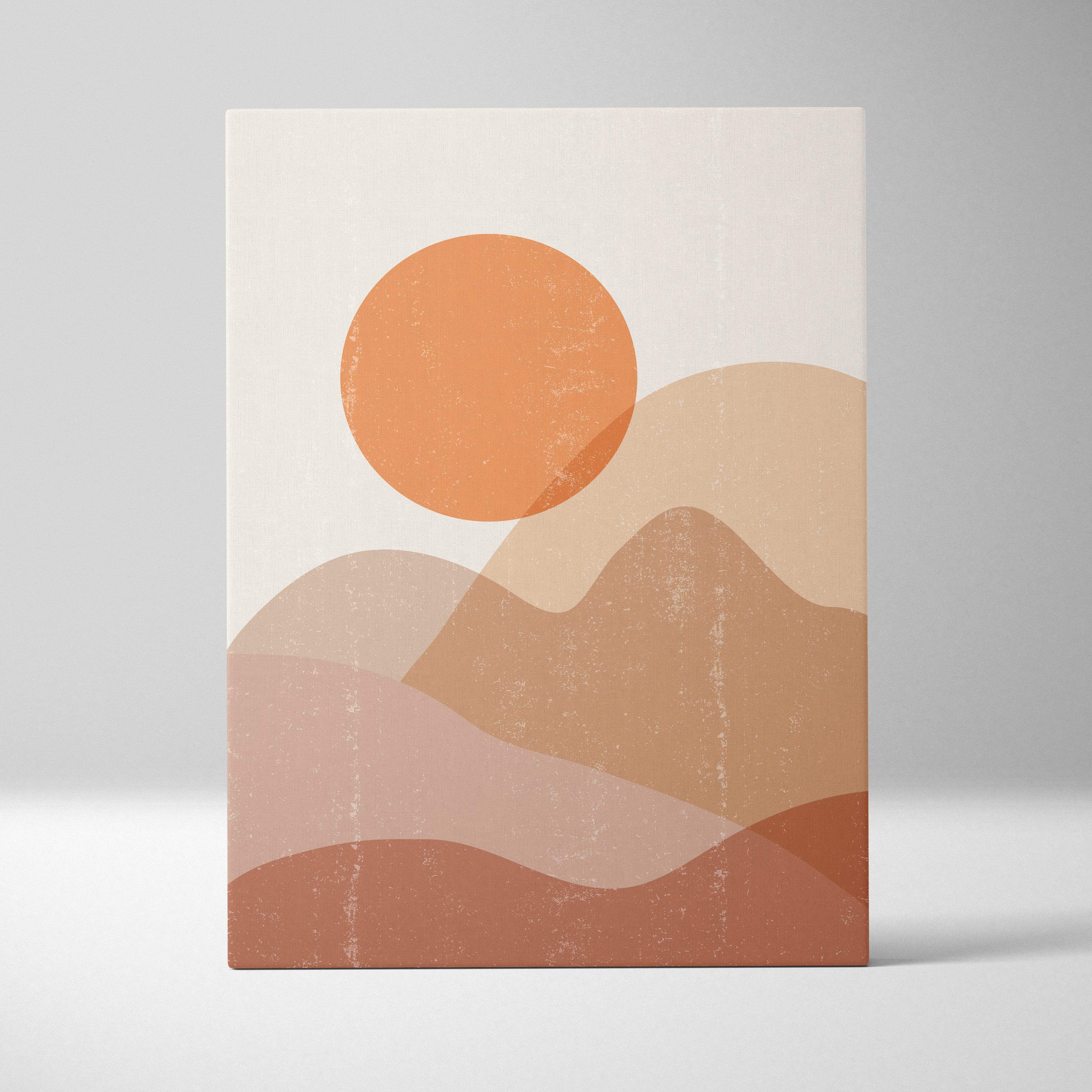 Boho desert sun canvas wall art with abstract terracotta peach and beige layered mountain silhouettes under orange sun