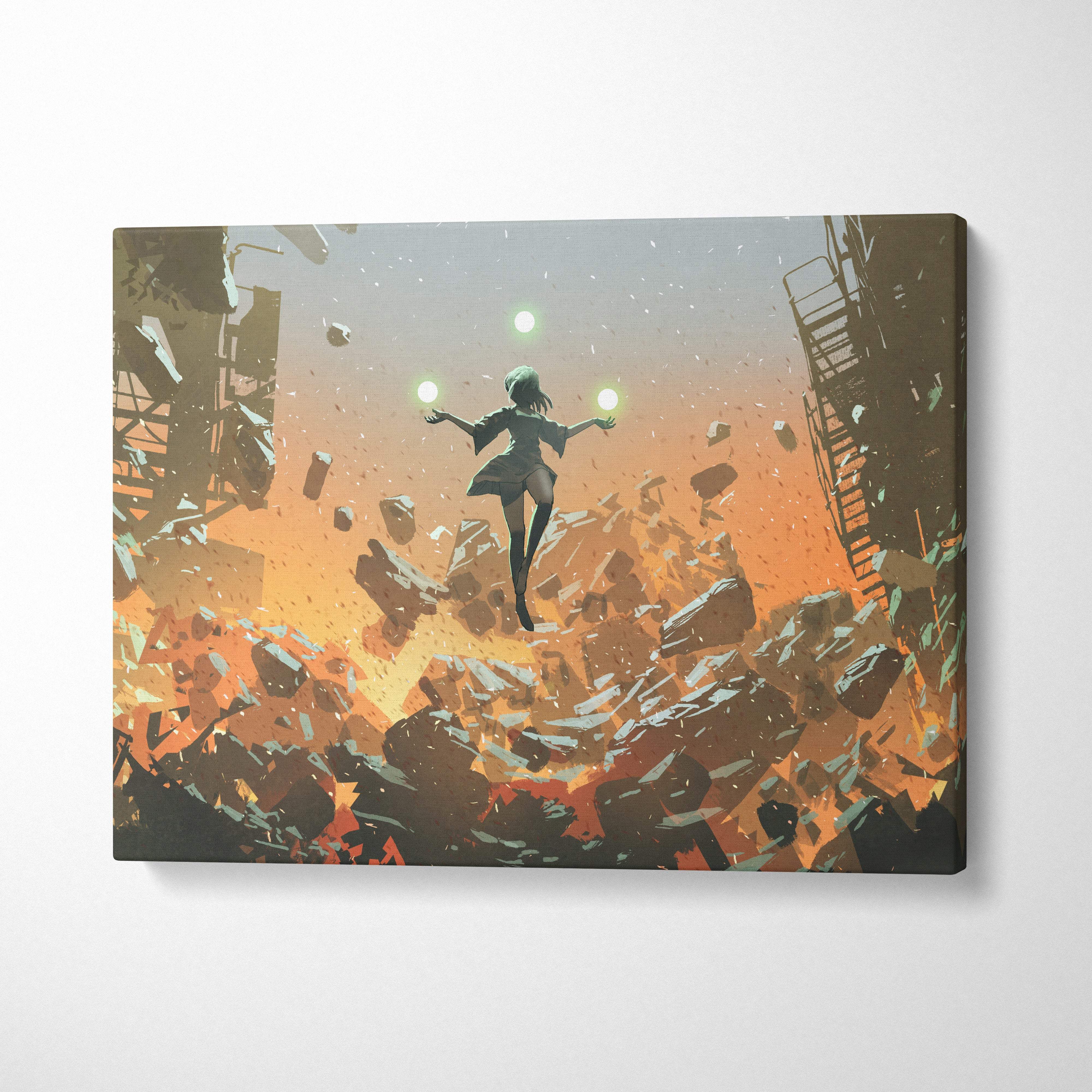 Canvas print of an anime-style girl in a dark dress floating with glowing orbs amid falling debris under an orange sky