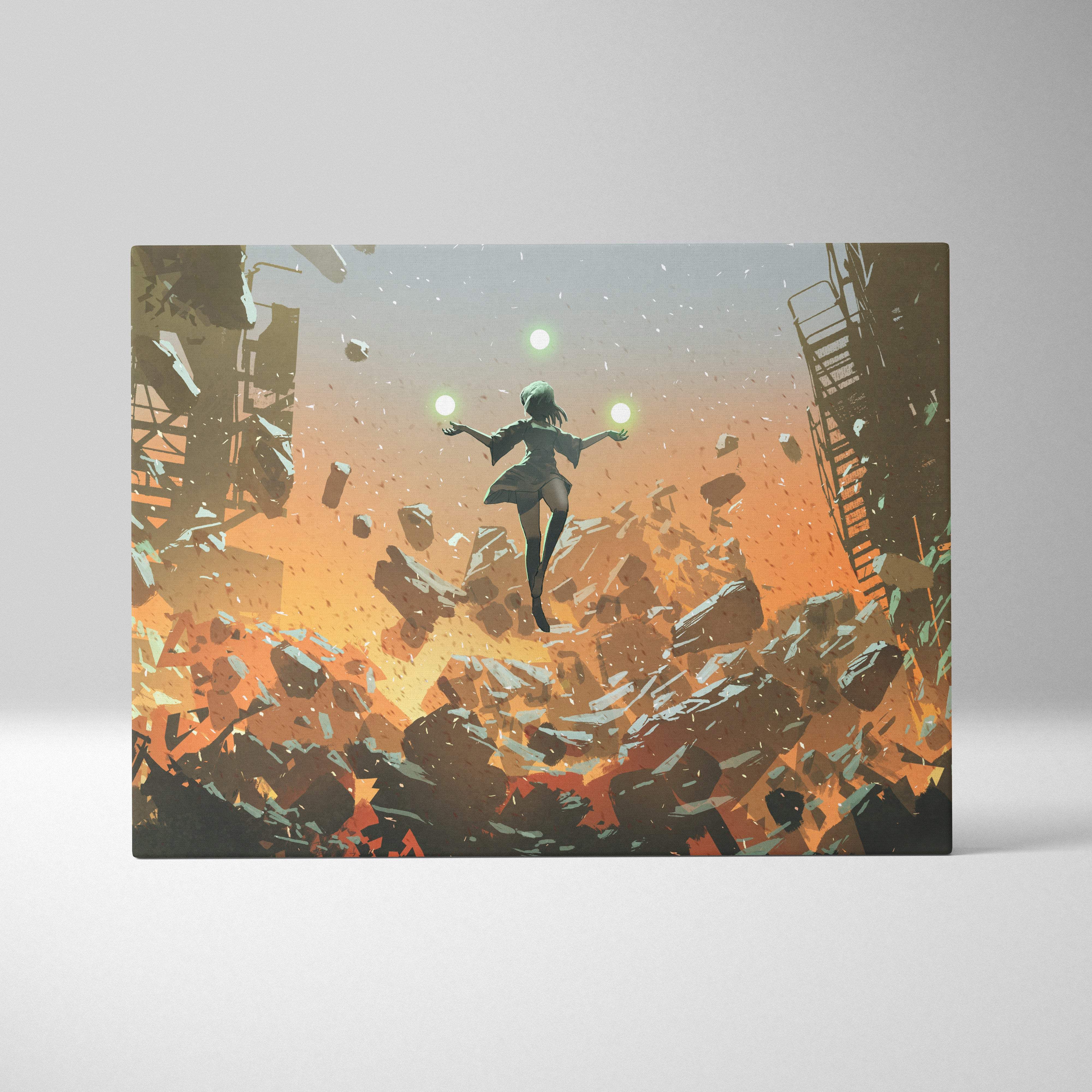 A rectangular anime telekinetic girl poster with dark hair and glowing orbs against a fiery orange sky background