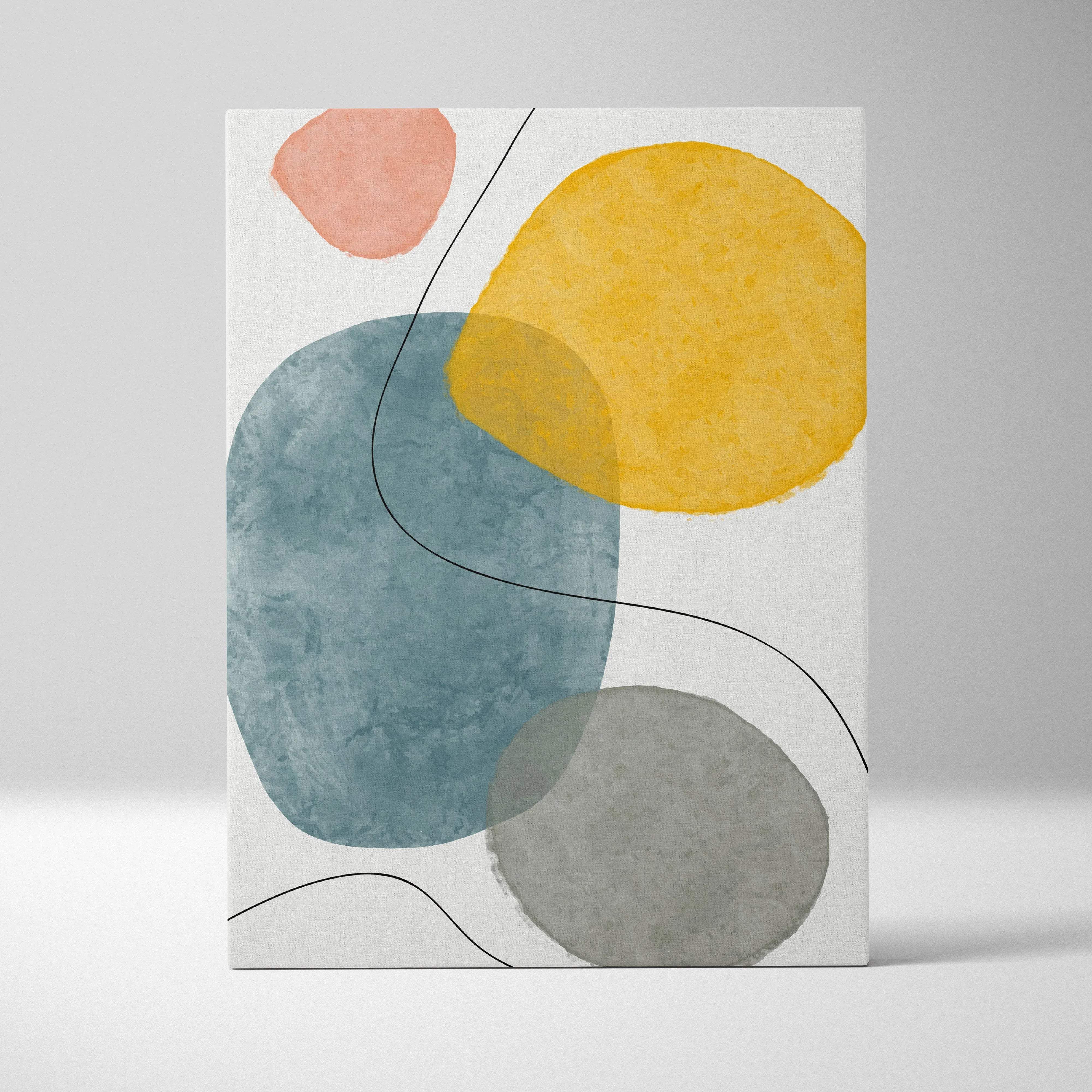 Modern abstract canvas art with watercolor circles in peach, mustard yellow, teal blue, gray, blush pink, and black lines
