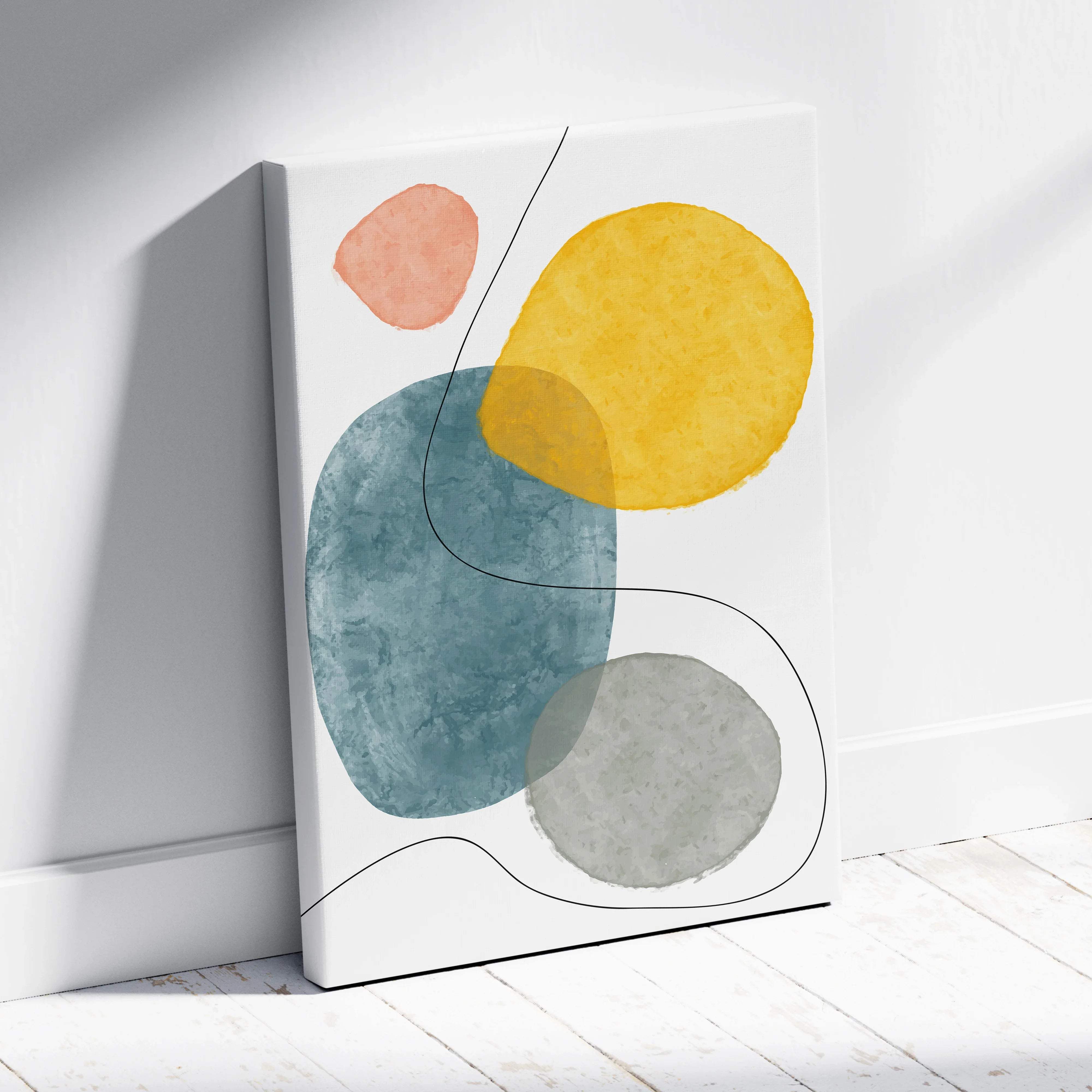 Modern minimalist canvas wall art with watercolor geometric shapes in mustard yellow, teal blue, gray, and blush pink