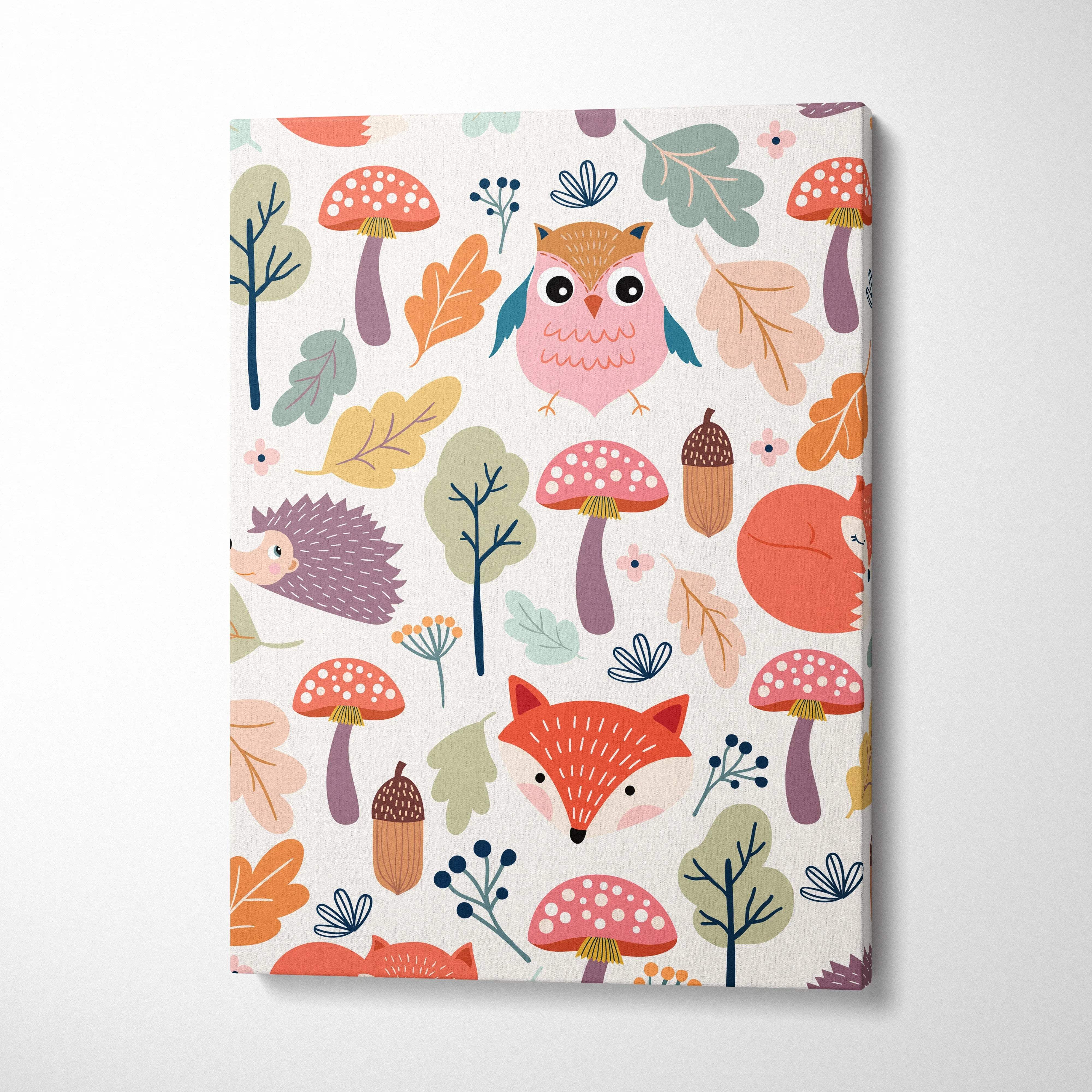 Whimsical woodland animals canvas art with foxes owls hedgehogs in autumn tones