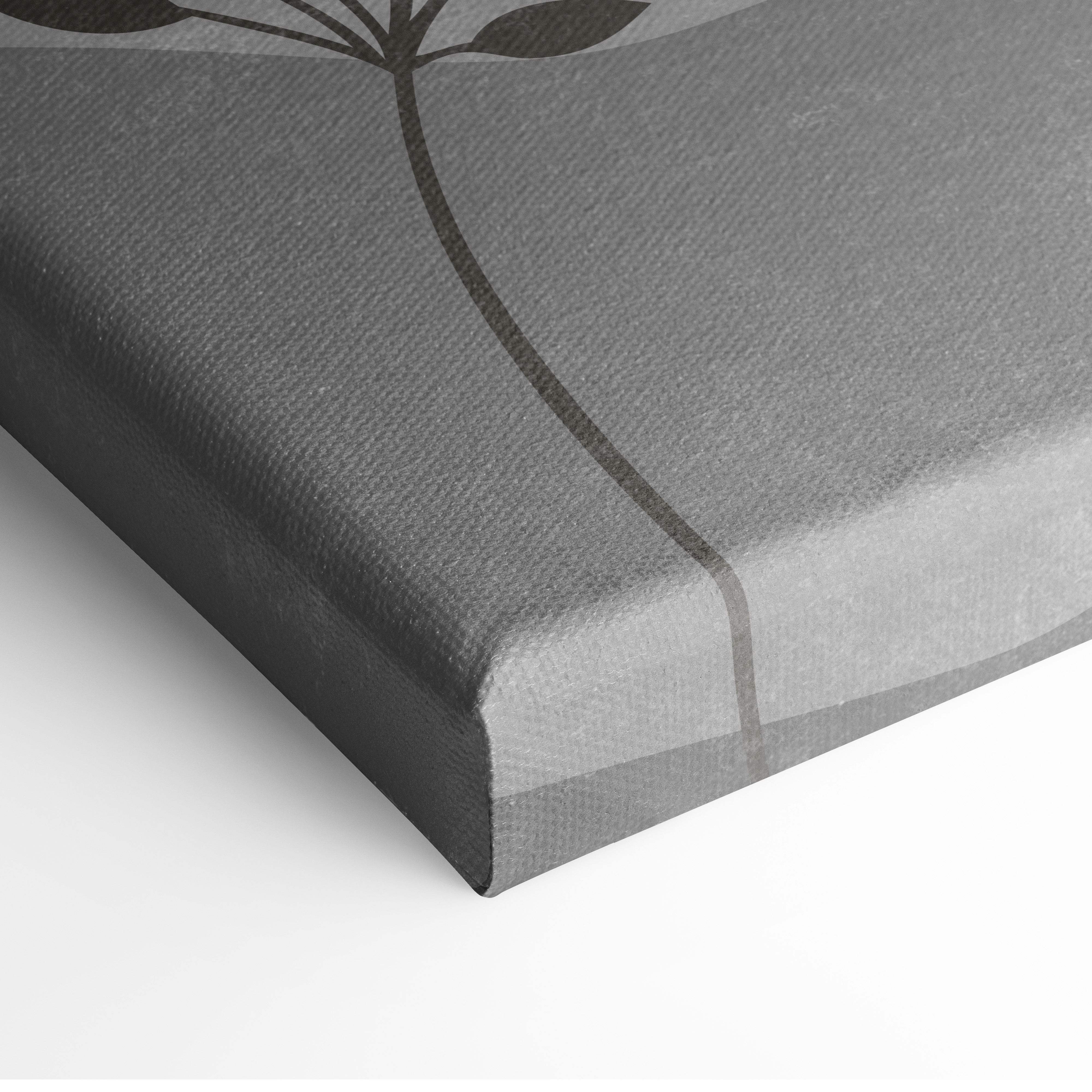 Gray canvas print with minimalist black botanical stem and leaf illustration boho neutral landscape wall art for living room