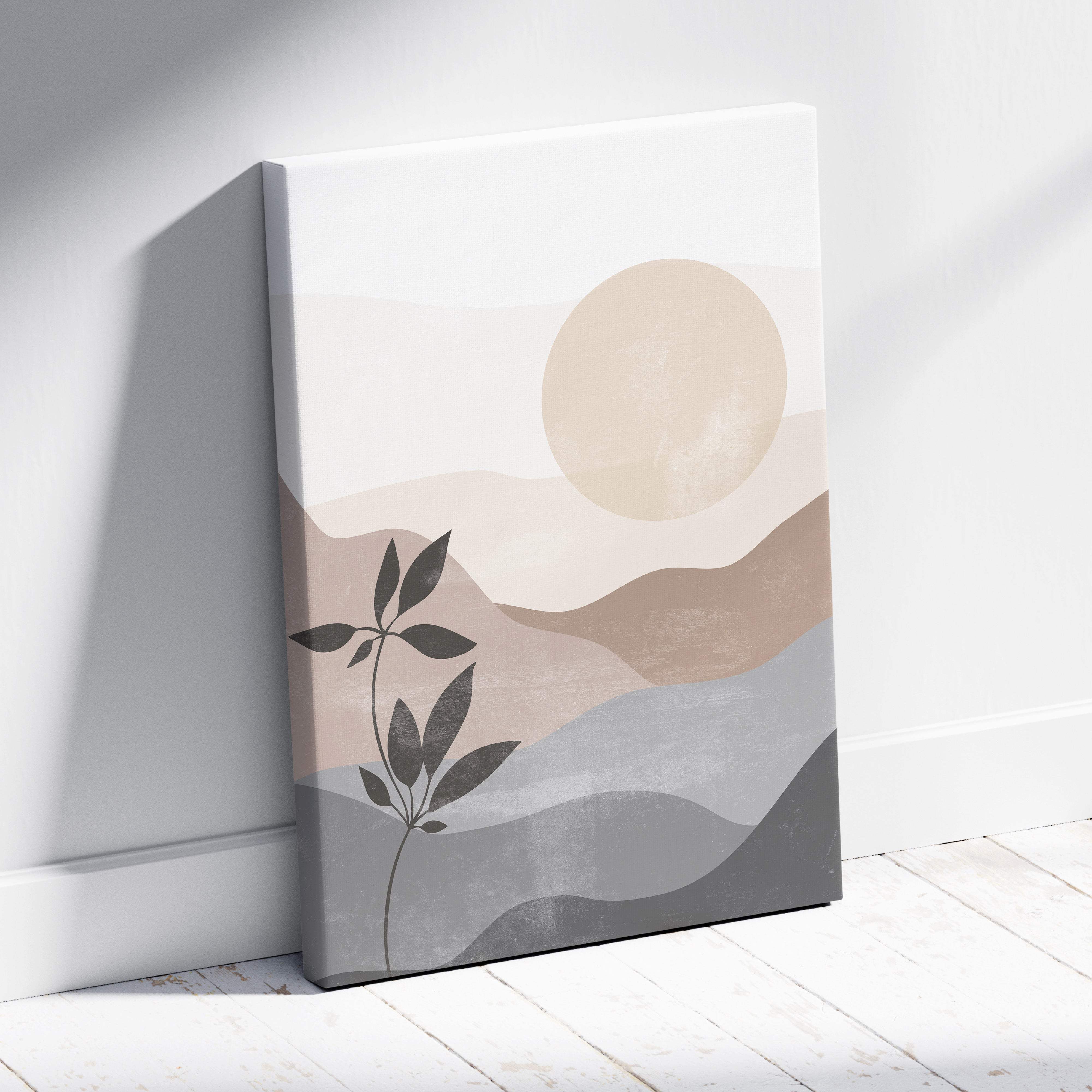 Boho neutral landscape canvas wall art with abstract beige taupe gray mountains sun and dark green botanical design