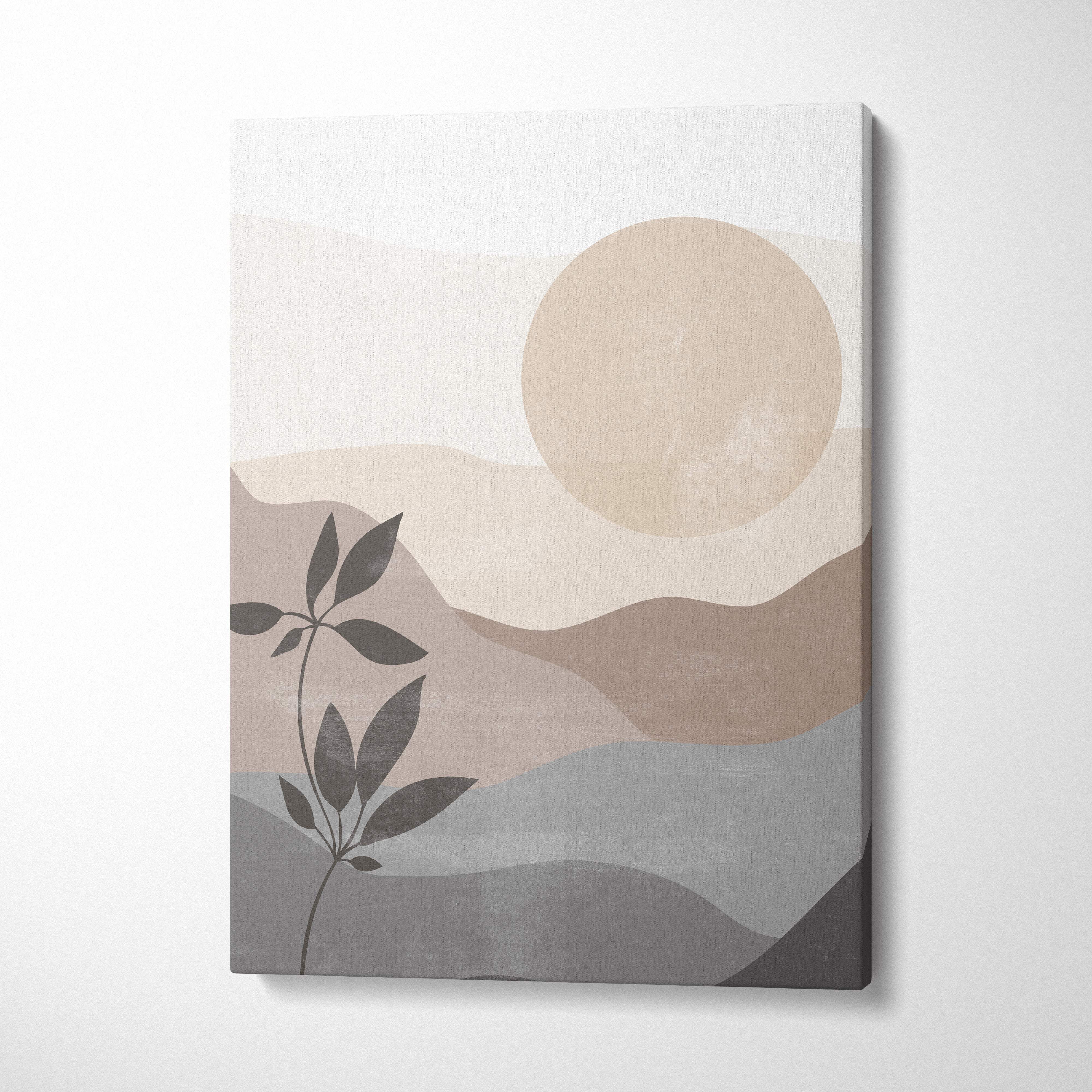 Boho neutral landscape canvas wall art with layered beige taupe mountains soft peach sun and dark green botanical silhouette