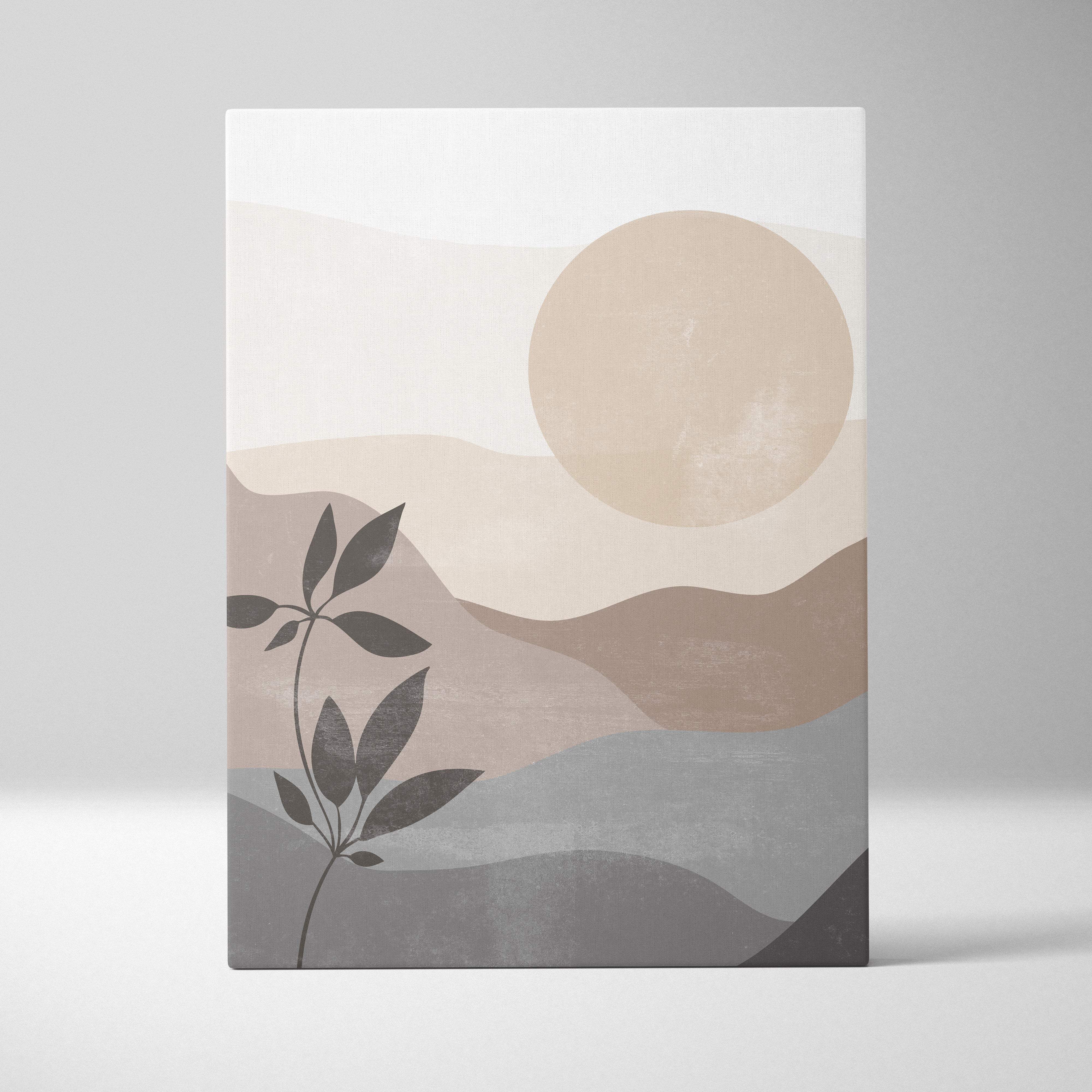 Boho neutral landscape canvas wall art with beige taupe gray mountains soft peach sun and dark green botanical branch