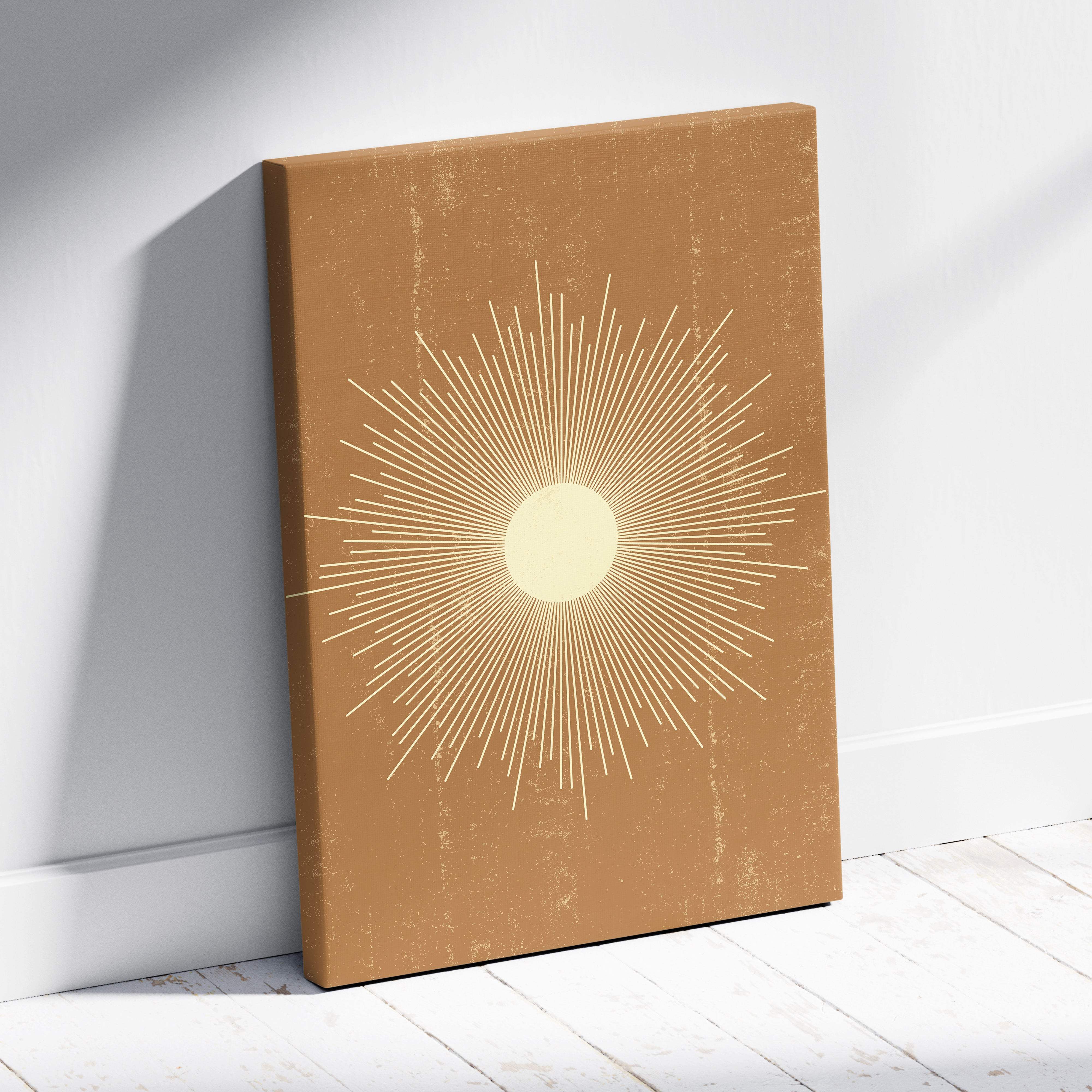 Boho sunburst canvas wall art featuring a cream sunburst on textured warm terracotta background for modern decor