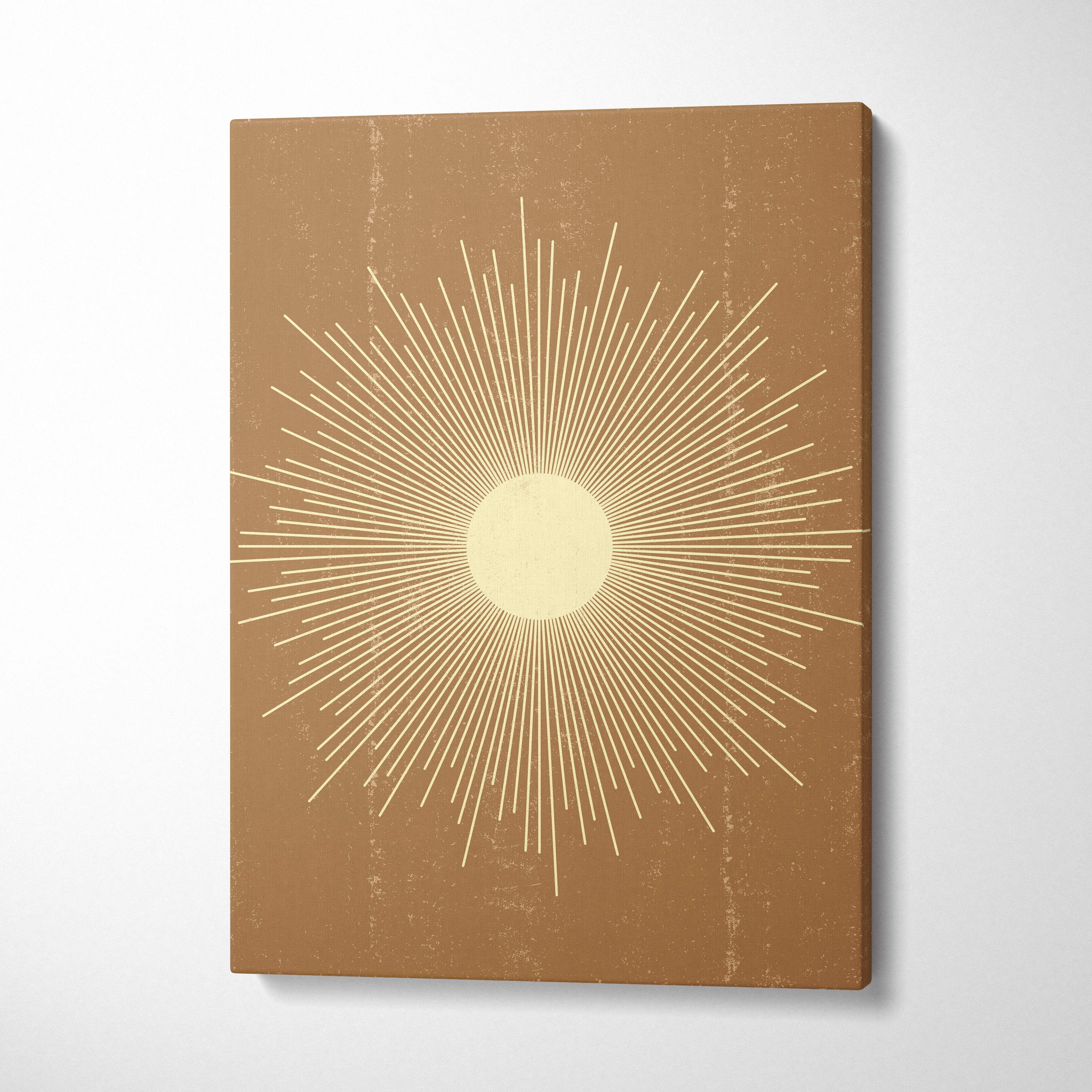 Boho sunburst canvas wall art with cream sunburst lines on textured earthy brown background for modern bohemian decor