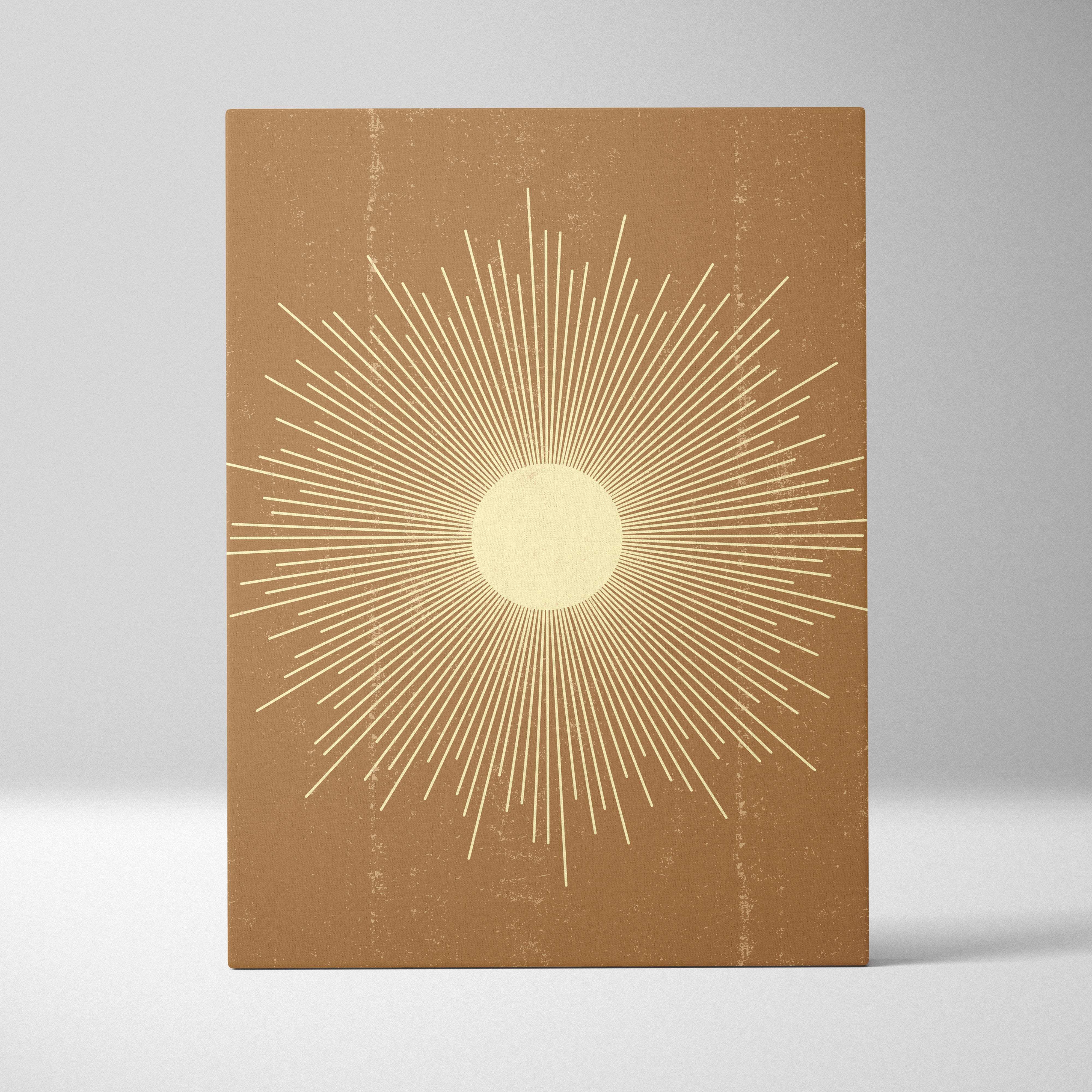 Boho sunburst canvas wall art with cream sunburst lines on warm terracotta textured background for modern bohemian decor