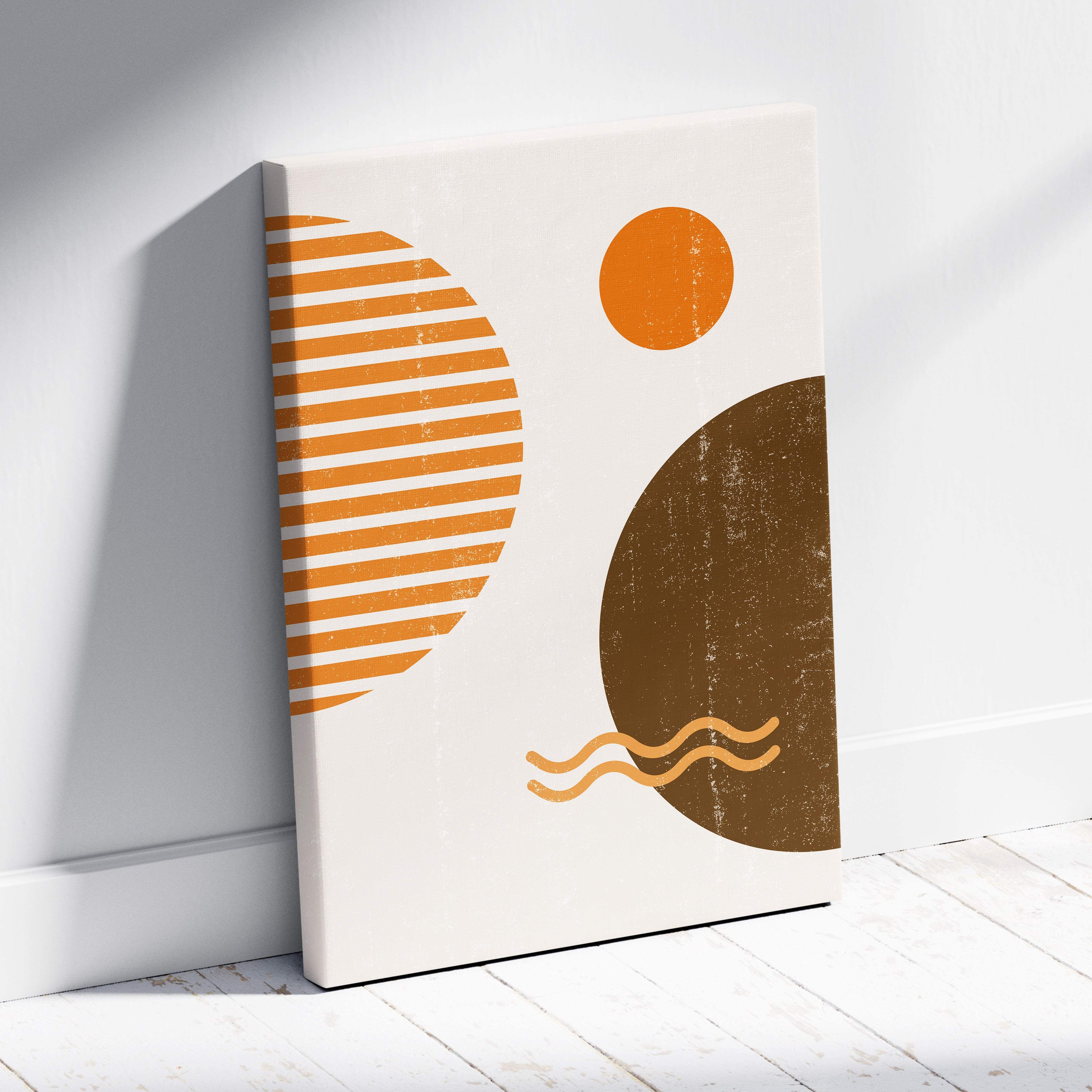 A modern abstract canvas print with bold orange and brown geometric shapes on a cream background for boho decor